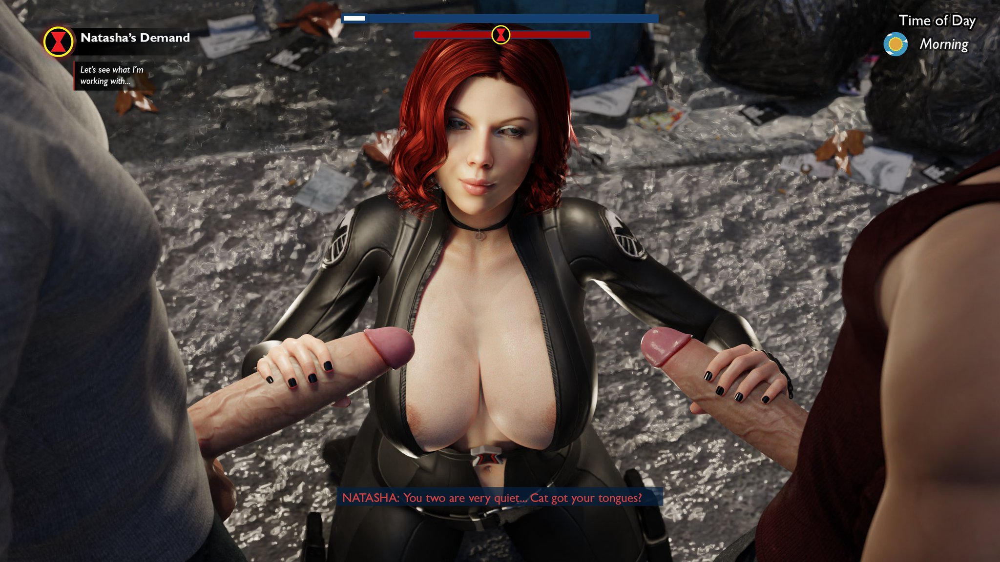 3d, black widow (marvel), dialogue, double handjob, english text, female, handjob, huge cock, kneeling, latex, latex suit, light skin, light-skinned female, light-skinned male, male, marvel, marvel cinematic universe, marvel comics, natasha romanoff, penis, pleasuring the enemy, red hair, scarlett johansson, tagme, text, threesome, tscd rendering, unseen male face