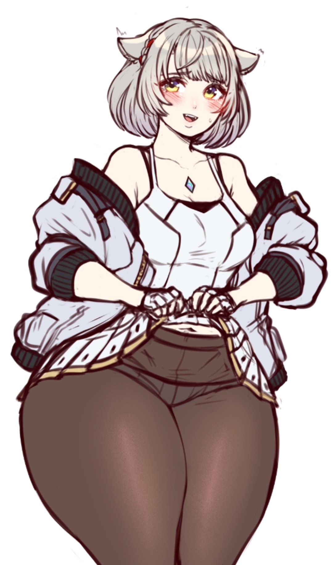 1girls, 2022, blush, blushing, bottom heavy, breasts, cat ears, female, female focus, grey hair, hips, jojoniumart, lifting clothing, looking at viewer, mio (xenoblade), pantyhose, short hair, simple background, solo, solo female, solo focus, thick thighs, thighs, white background, wide hips, xenoblade (series), xenoblade chronicles 3