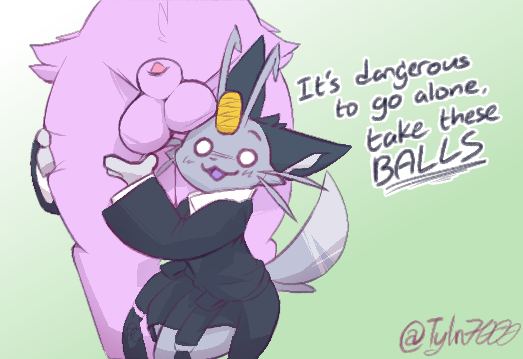 alolan_form alolan_meowth anthro anthrofied balls balls_on_face big_balls clothed_pokemon eeveelution english_text espeon furry humor large_balls male_only meowth pink_fur pokemon pokemon_(species) simple_background small_penis tagme text tyln7000