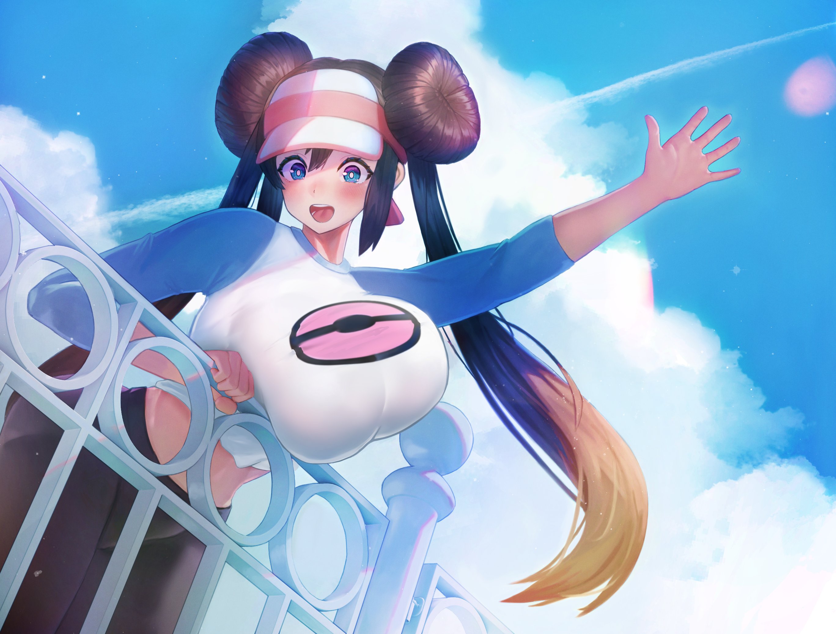 1girls, breasts, clouds, female, female focus, female only, large breasts, light skin, light-skinned female, looking at viewer, nintendo, peroperoperori, pokemon, rosa (pokemon), solo, thick thighs, thighs, waving, wide hips