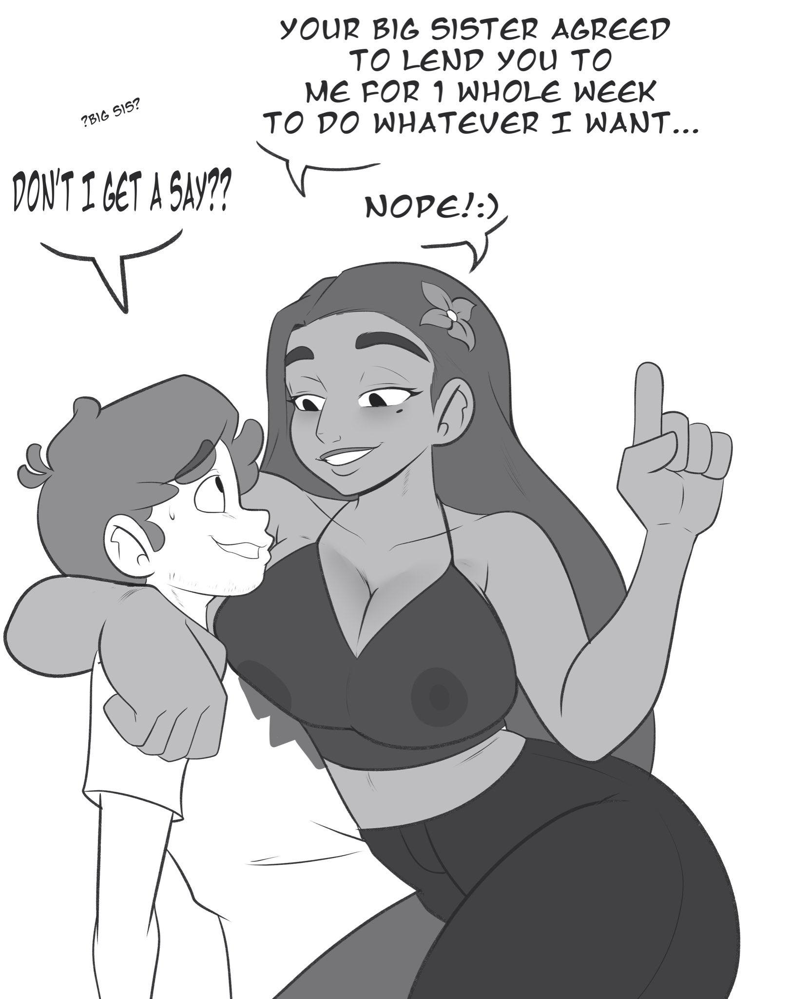 1boy, 1girls, aged up, assertive female, beauty mark, big breasts, blush, breasts, crossover, dark skin, dark-skinned female, dialogue, dipper pines, disney, encanto, english dialogue, english text, falling in love, fanon couple, female, gravity falls, greyscale, imminent sex, isabela madrigal, klassyarts (artist), latina, love, male, monochrome, nipples, nipples visible through clothing, romantic couple, speech bubble, sweat, text, translucent clothing
