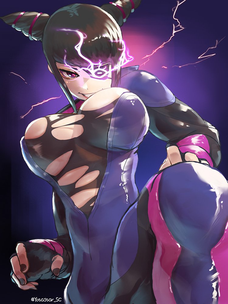 1girls big_breasts breasts curves curvy female female_only huge_breasts juri_han large_breasts lightning martial_artist pink_eyes plump_breasts smile solo street_fighter street_fighter_v thick torn_clothes torn_clothing yotastar