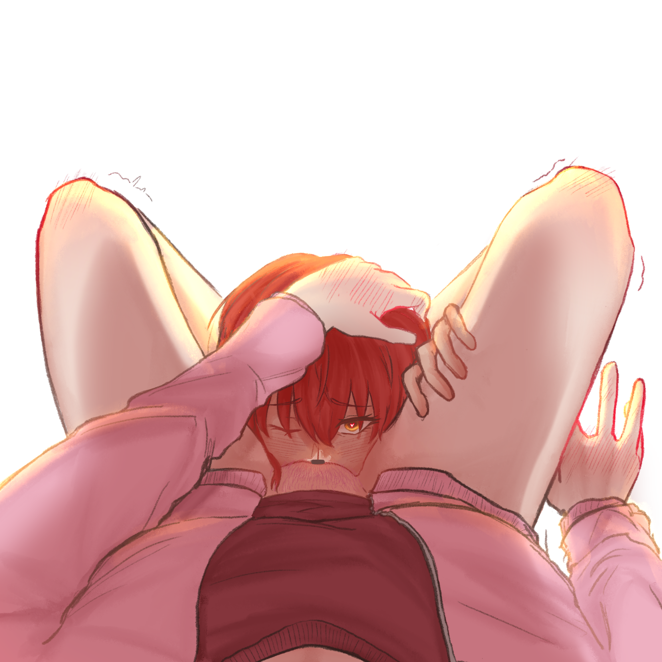 ^^^, 2girls, artist request, bad id, bad pixiv id, blush, bocchi the rock!, cunnilingus, cunnilingus pov, female pov, female pubic hair, gotou hitori, hand blush, hand on another's head, hand on another's thigh, heart, heart-shaped pupils, highres, jacket, kita ikuyo, knee blush, multiple girls, one eye closed, oral, pink jacket, pov, pubic hair, pussy juice, red hair, simple background, symbol-shaped pupils, trembling, trembling legs, unzipped, white background, yellow eyes, yuri
