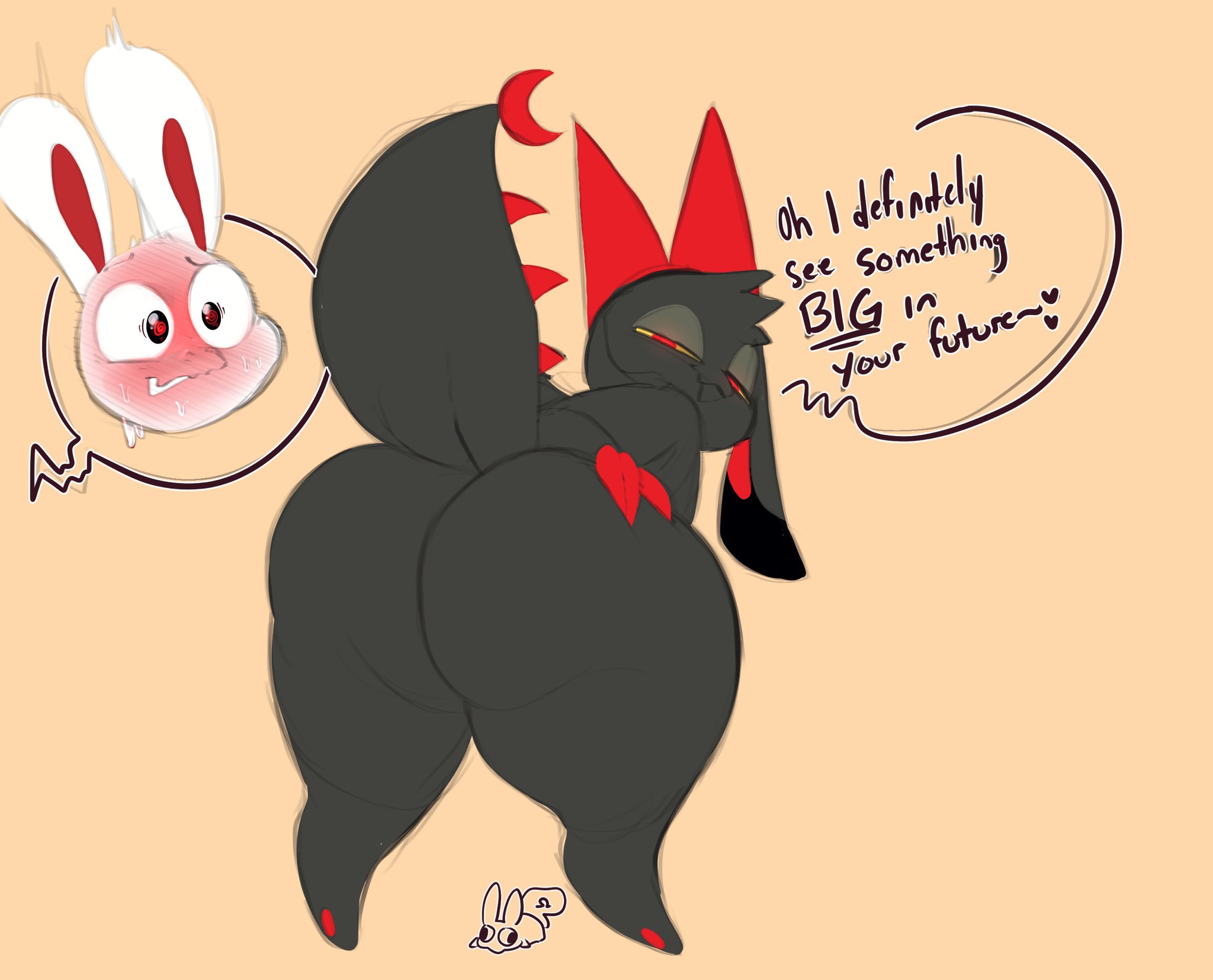 ambiguous gender, anthro, ass, bedroom eyes, big ass, big butt, black body, black eyes, blush, chikn nuggit, dragon, duo, english text, fwench fwy (chikn nuggit), hand on ass, hand on butt, heart, hi res, horn, huge ass, huge butt, huge thighs, iscream (chikn nuggit), lagomorph, leporid, looking back, mammal, narrowed eyes, nude, omegaminti, rabbit, raised tail, red eyes, scalie, seductive, speech bubble, text, thick thighs, wide hips