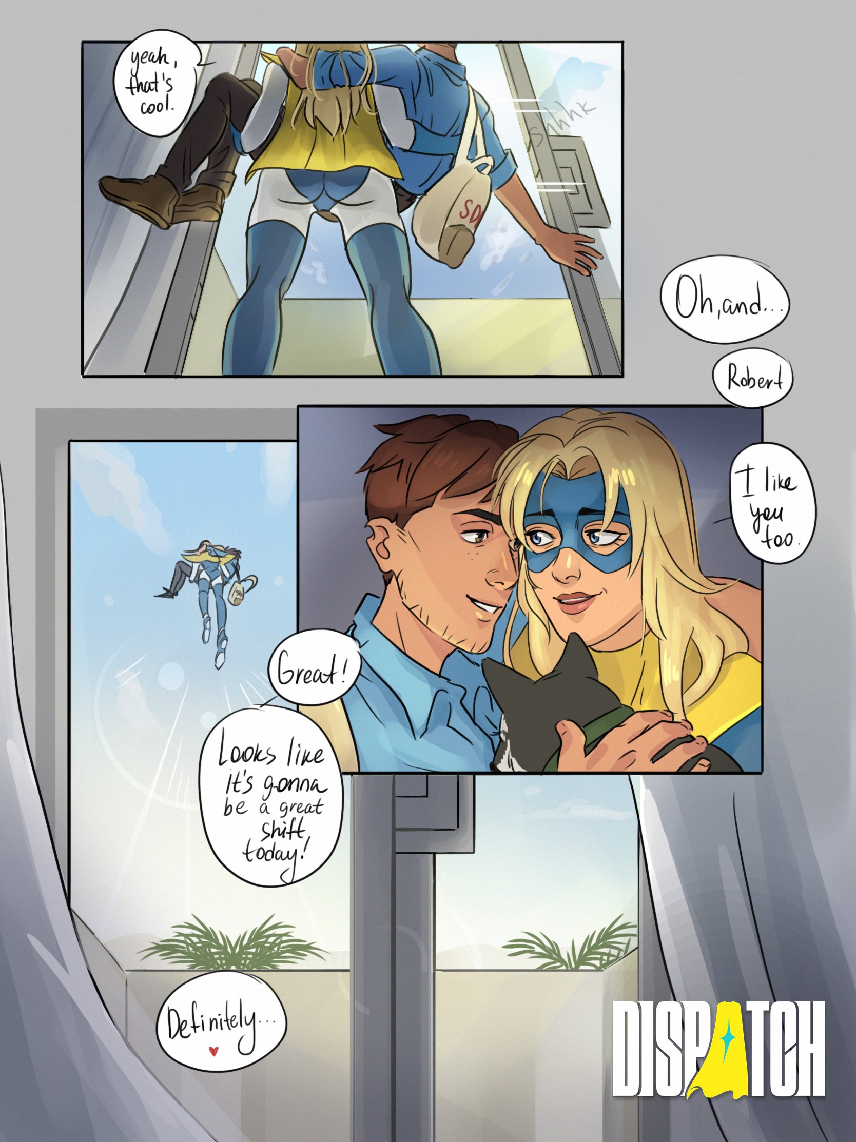 3koma, after sex, backpack, beef (dispatch), blonde, blonde blazer, blonde female, blonde hair, blonde hair female, blonde-haired female, blue eyes, blue mask, blue shirt, brown hair, carrying partner, comic page, curvaceous, curvaceous body, curves, curvy, curvy body, curvy female, curvy figure, darina (artist), dialogue, dispatch (game), earrings, flying, heroine, hourglass figure, jewel, mask, morning after, robert robertson, romantic, smile, smiling at partner, speech bubble, superhero, superhero costume, superheroine, voluptuous, voluptuous female, wholesome