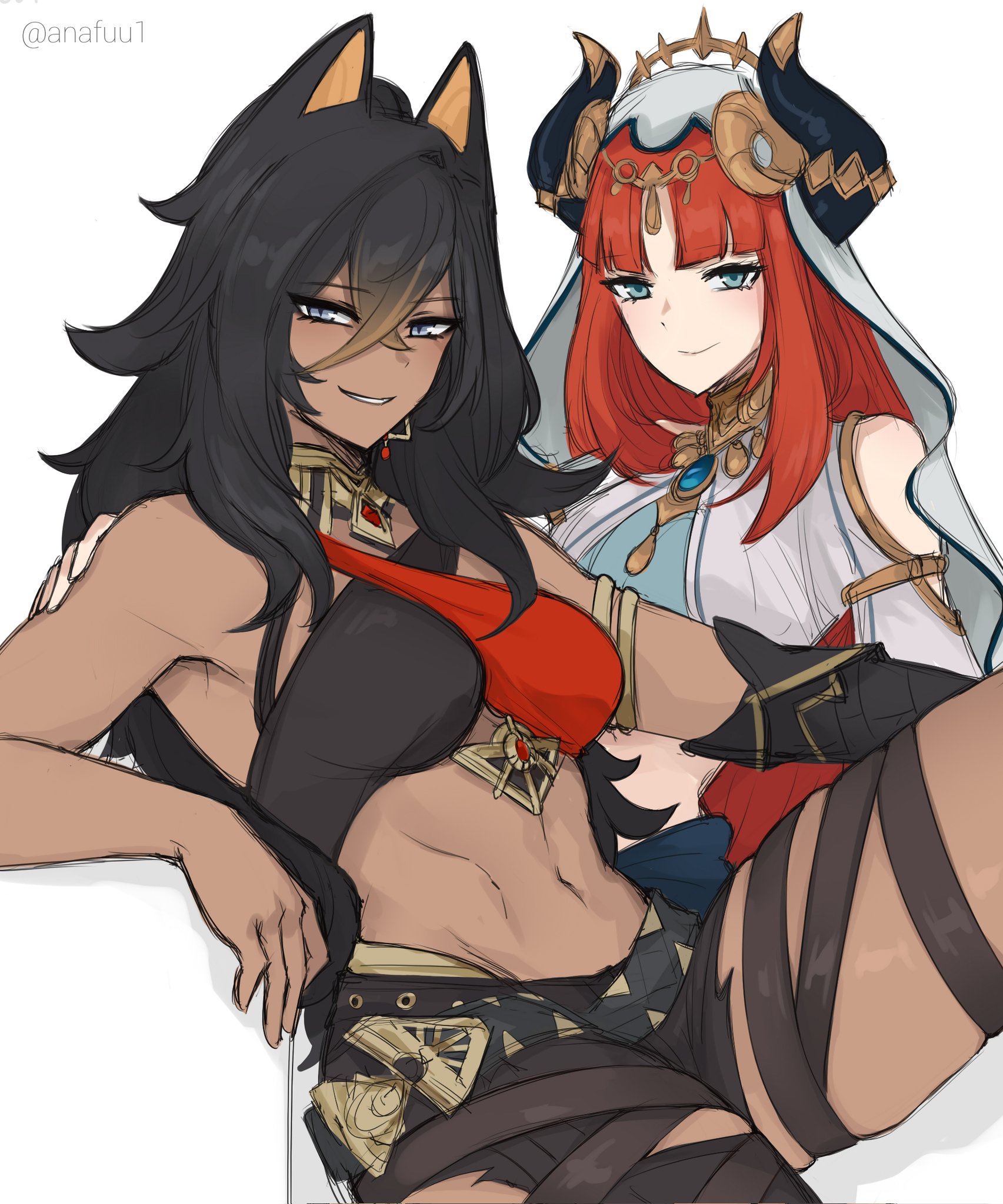 2girls, abs, anafuu, blue eyes, cat ears, dark hair, dark skin, dark-skinned female, dehya (genshin impact), fake animal ears, female, genshin impact, headdress, horns, jewelry, light skin, light-skinned female, necklace, nilou (genshin impact), red hair, smirk, yuri