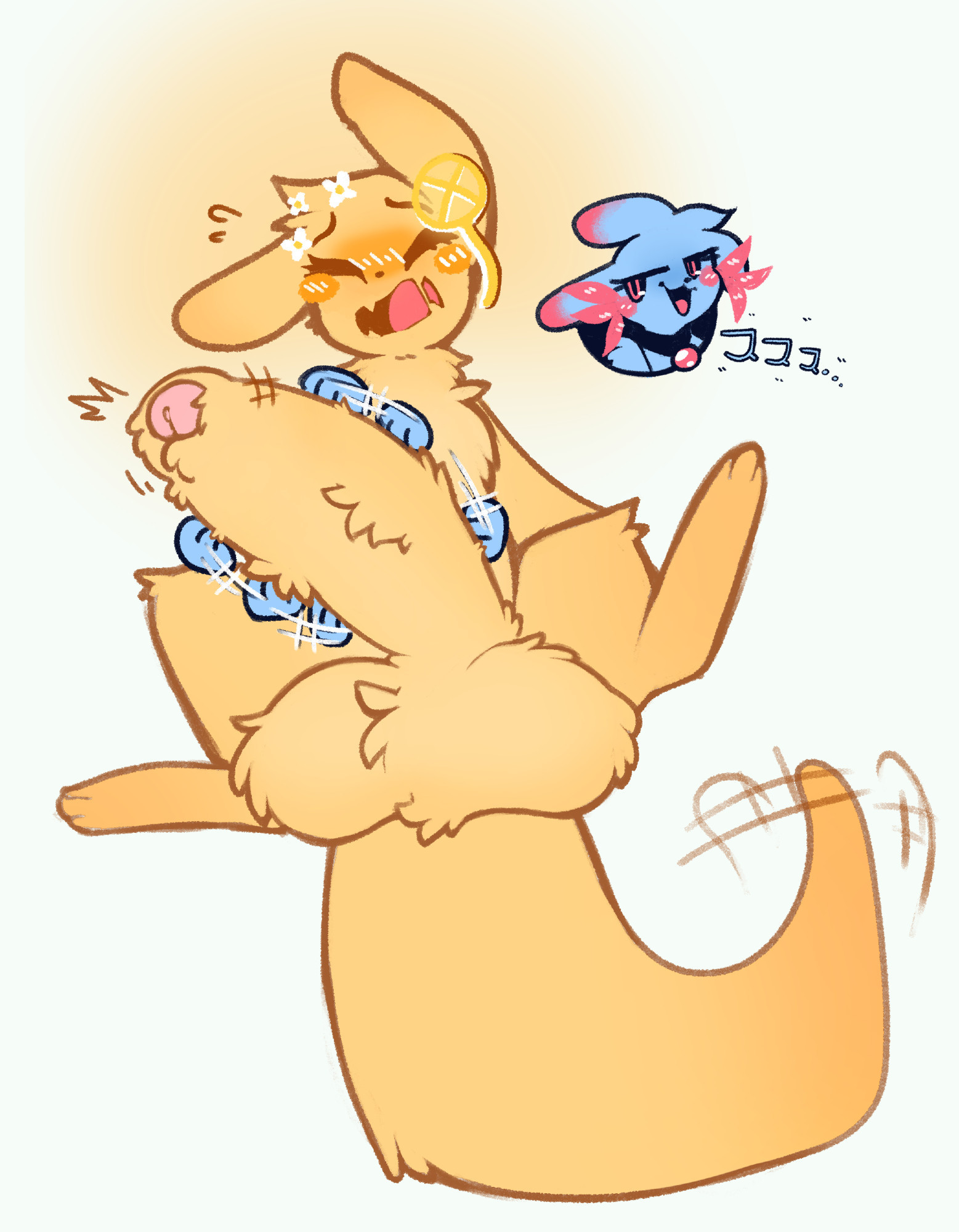 #catteart, 1boy, big balls, big penis, blue fur, blush, blushing at partner, caeleste, female, huge cock, jerking off hand motion, jerkingoff, jerkingoff another, monk (rain world), overstimulation, pink eyes, rain world, rivulet (rain world), slugcat, teasing, videocult, wagging tail, yellow fur