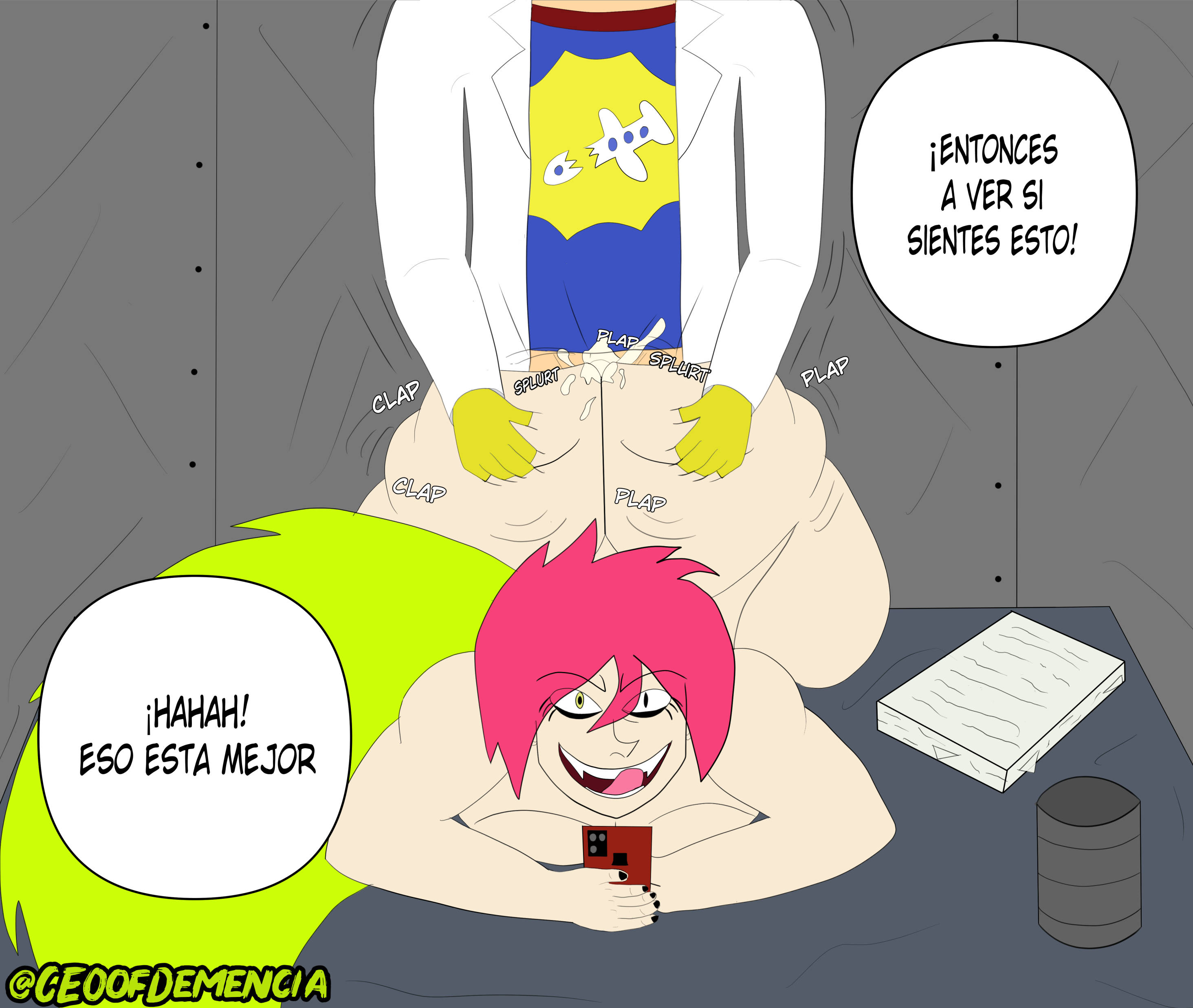 1boy, 1girls, angry sex, big ass, black eyes, cartoon network, ceoofdemencia, cum, cum inside, demencia (villainous), dr. flug (villainous), fat ass, functionally nude, grabbing, grabbing ass, grabbing from behind, green hair, heterochromia, multicolored hair, nude, partially clothed, red hair, villainous, yellow eyes