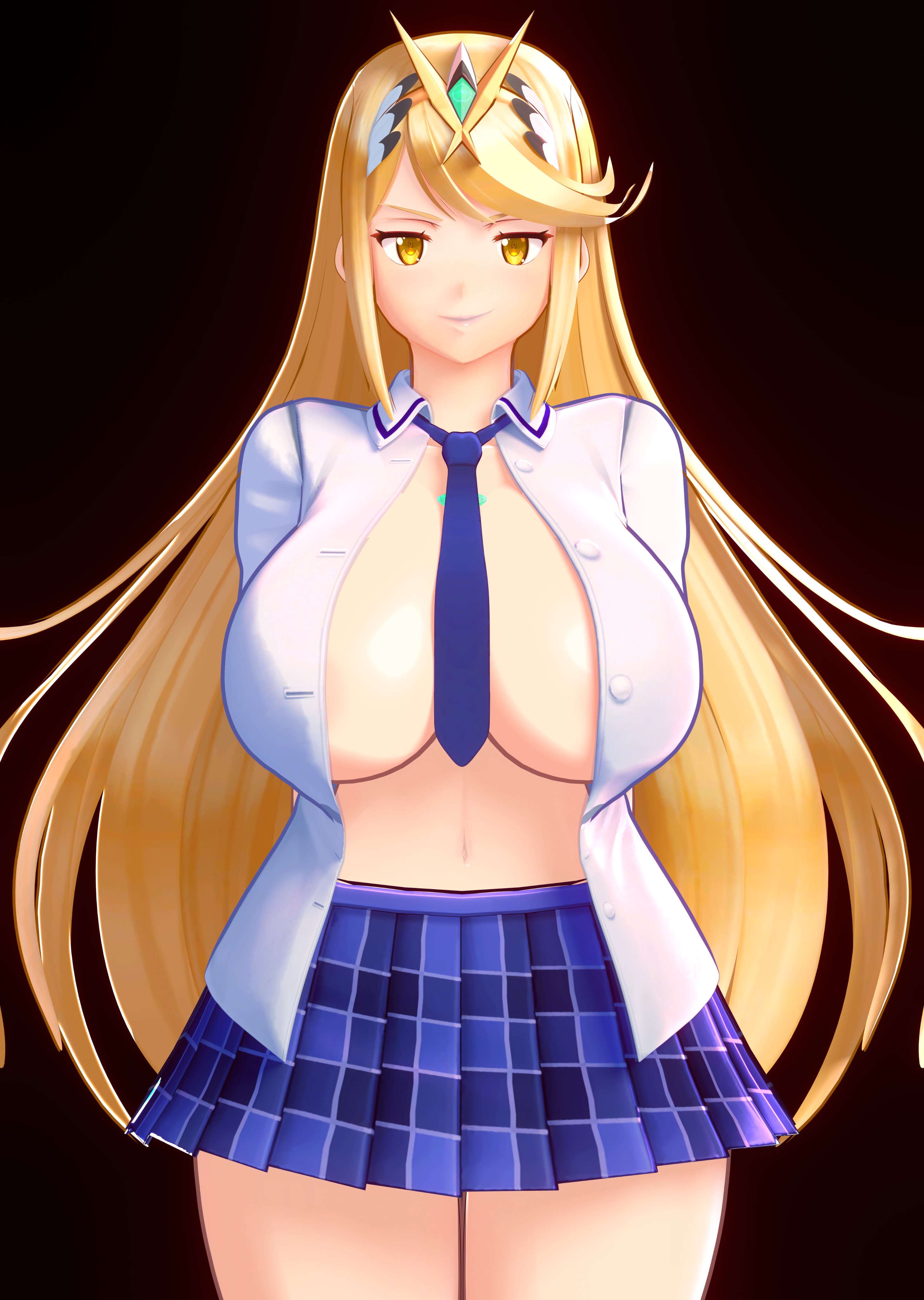1girls, 3d, 3d (artwork), big breasts, blonde hair, breasts, cosplay, crossover, crossover cosplay, female, female only, katsuragi (senran kagura) (cosplay), light skin, light-skinned female, long hair, luminaryofages, mmd, mythra, mythra (xenoblade), necktie, nintendo, senran kagura, xenoblade (series), xenoblade chronicles 2