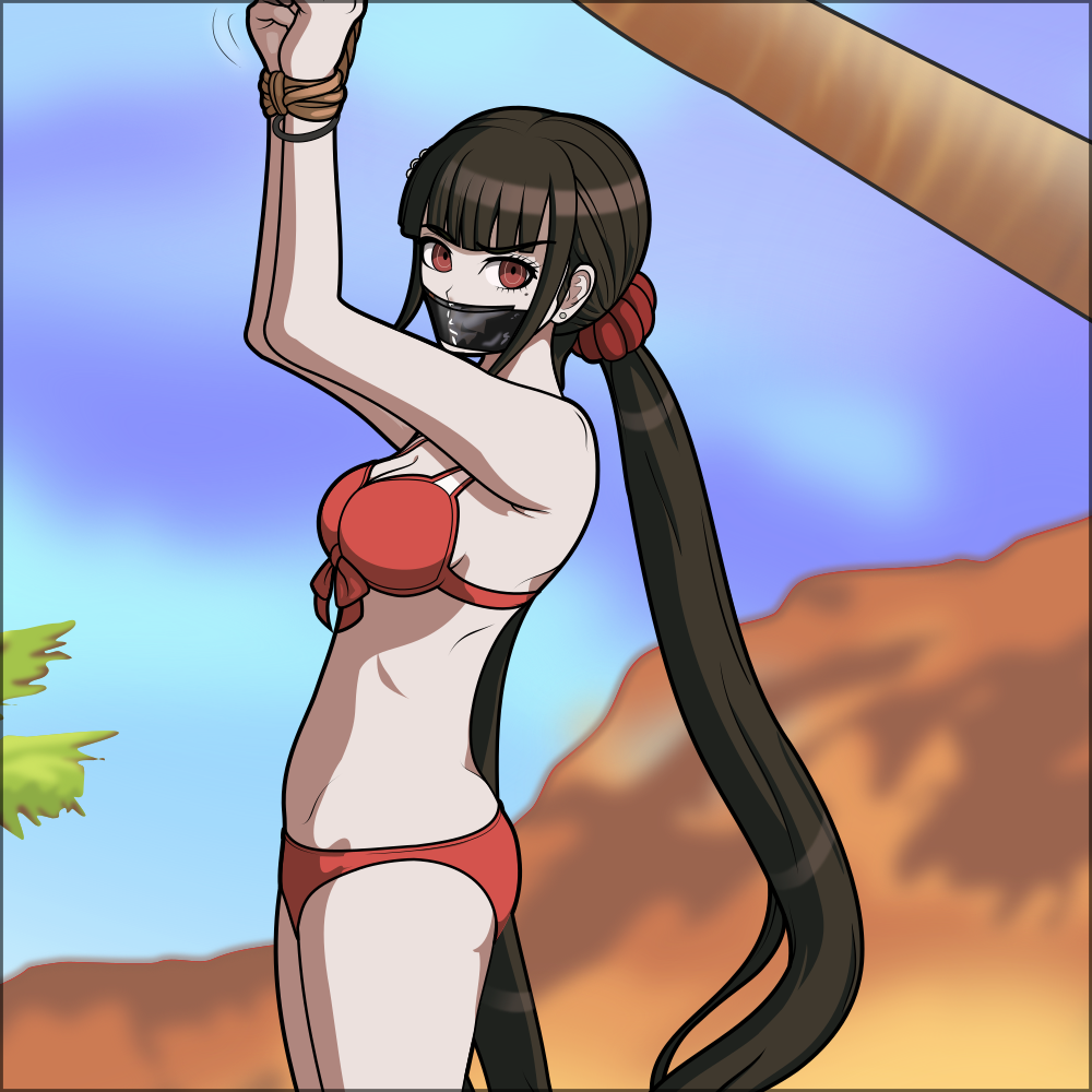 2022 alternate_breast_size alternate_version_available beach bikini bikini_bottom bikini_top black_hair bound_wrists breasts cleavage danganronpa danganronpa_s:_ultimate_summer_camp danganronpa_v3 gag gagged harukawa_maki just_some_guy long_hair mole mole_under_eye mouth_gag pale-skinned_female pierced_ears ponytails red_bikini red_bra red_eyes red_underwear rock rope rope_around_waist sky straight_hair tape tape_gag taped_mouth tree