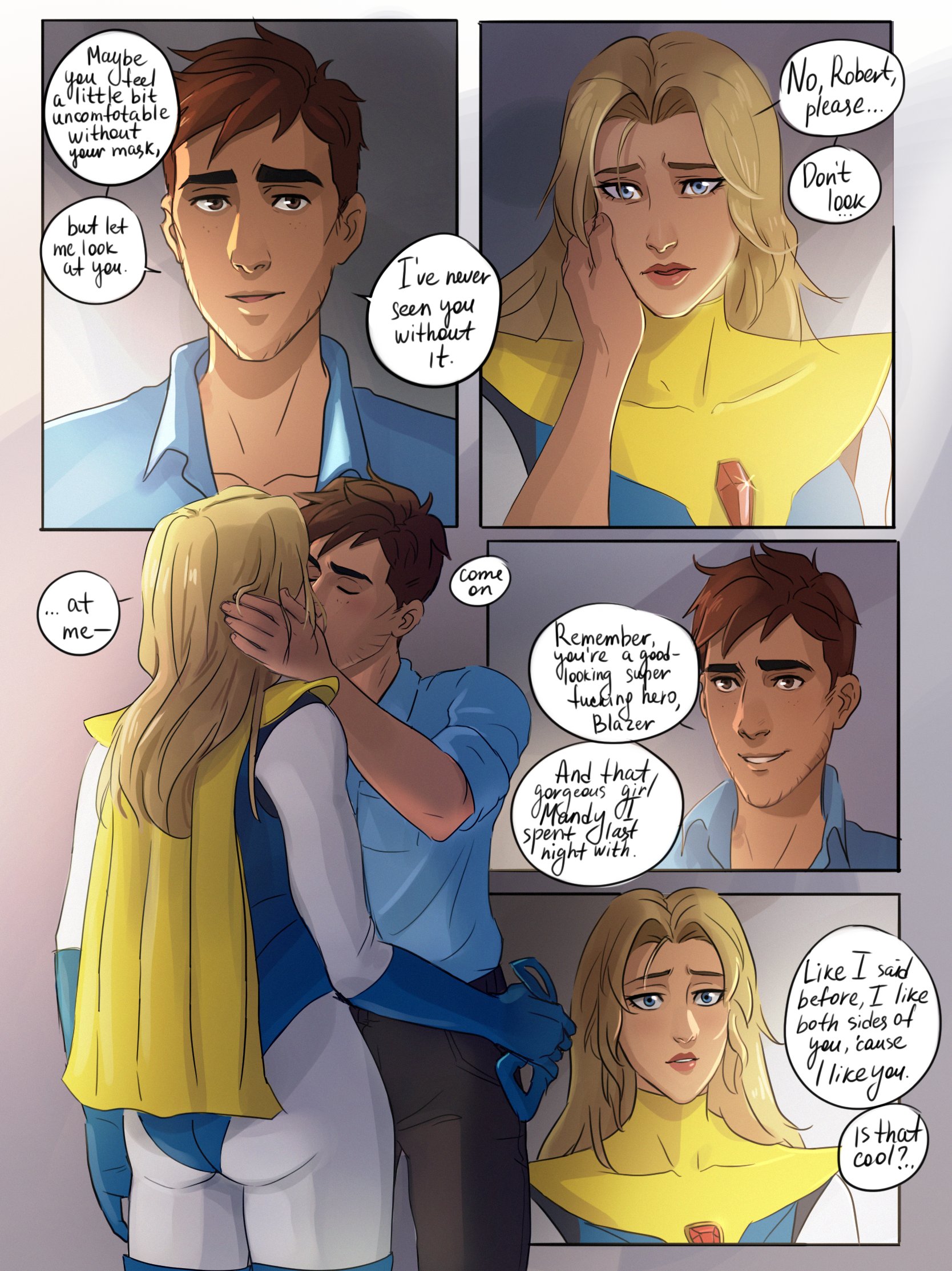 4koma, after sex, blonde, blonde blazer, blonde female, blonde hair, blonde hair female, blonde-haired female, blue eyes, blue mask, blue shirt, brown hair, caressing face, comic page, curvaceous, curvaceous body, curves, curvy, curvy body, curvy female, curvy figure, darina (artist), deep kiss, deep kissing, dialogue, dispatch (game), earrings, heroine, hourglass figure, jewel, kiss, kissing, mask, morning after, robert robertson, romantic, smile, smiling at partner, speech bubble, superhero, superhero costume, superheroine, voluptuous, voluptuous female, wholesome