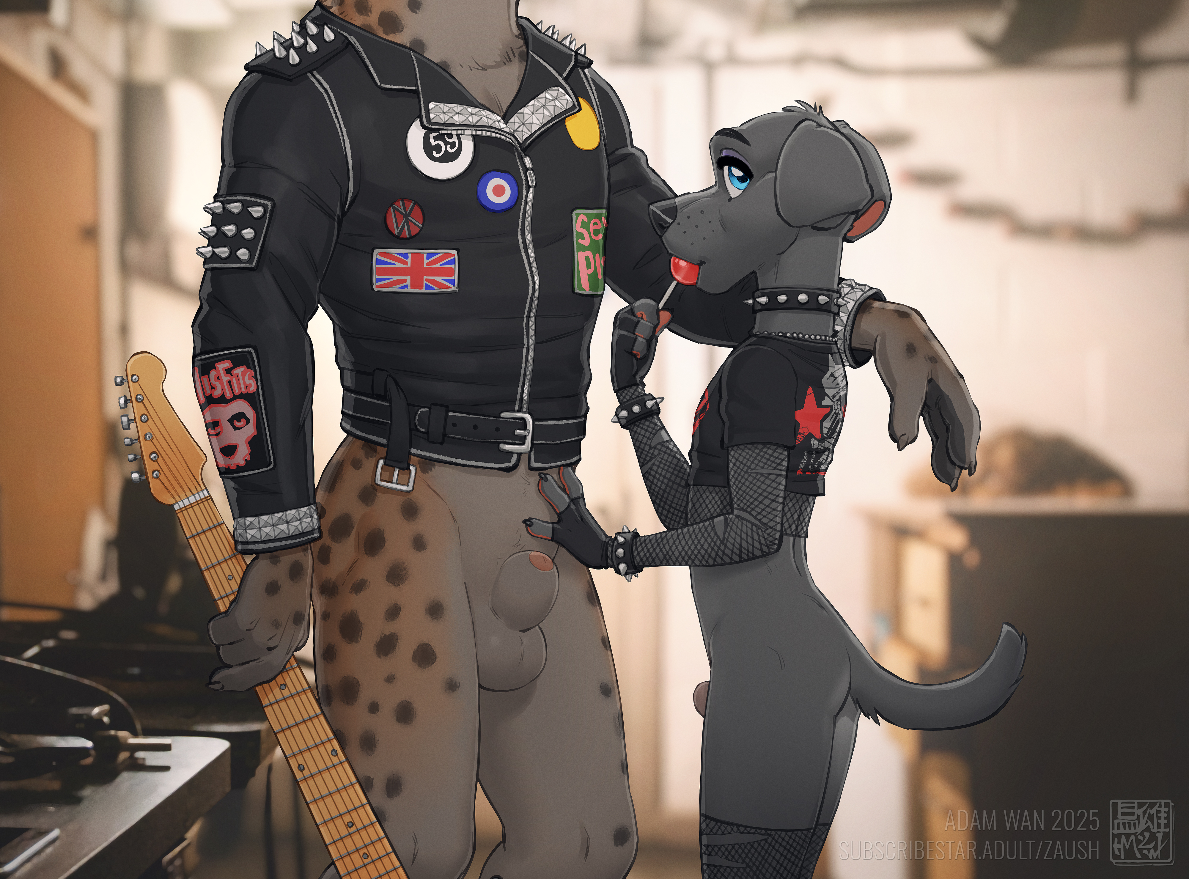 2025, 2boys, adam wan, balls, british, british flag, canid, canine, canis, domestic dog, felid, feline, gay, gay male, guitar, male, male/male, only male, sheath, tommy (zaush), union jack, yaoi, young, zaush
