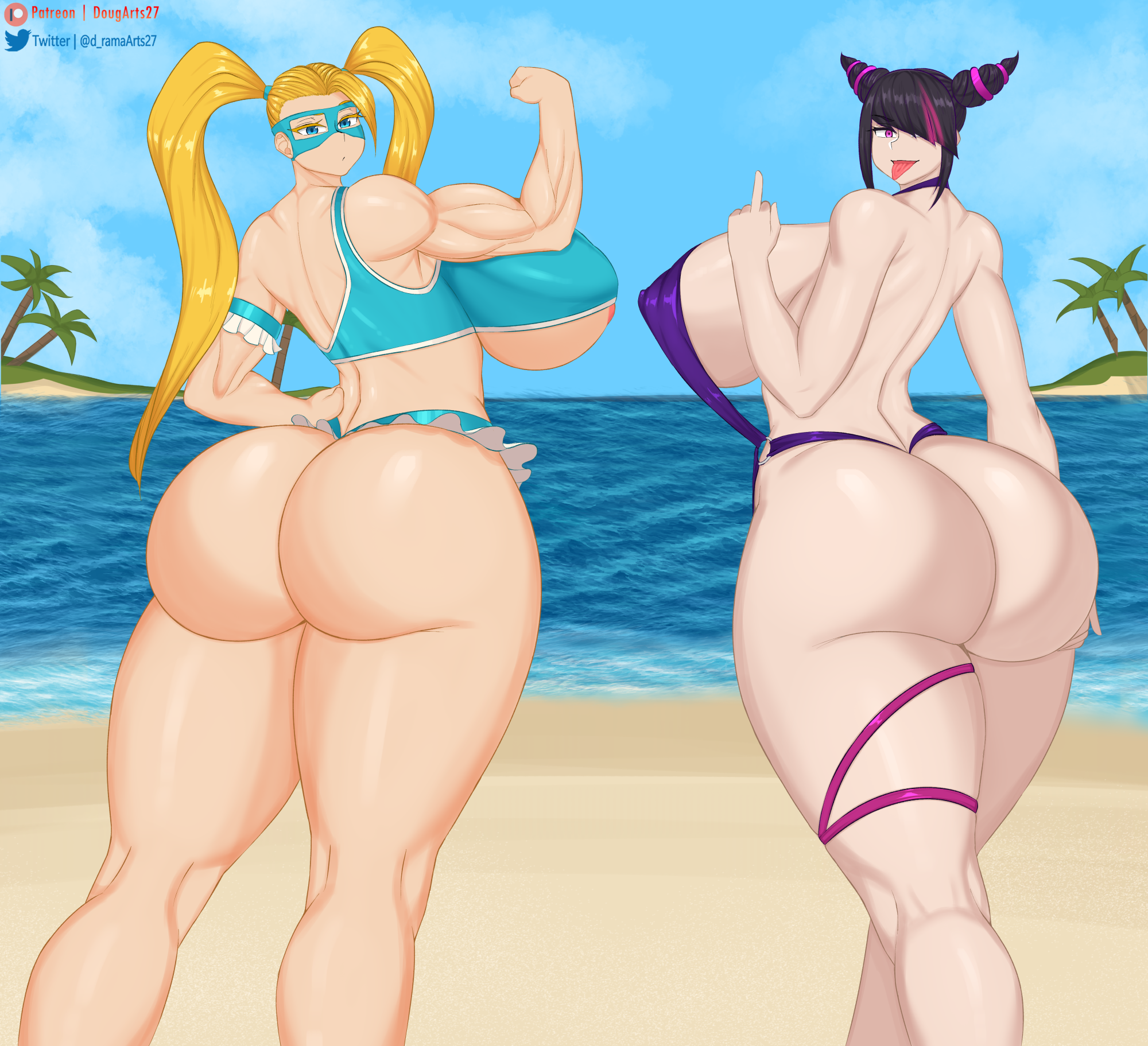 2girls, ass, back view, big ass, big breasts, big butt, breasts, bubble ass, bubble butt, female, female only, huge ass, huge breasts, huge butt, juri han, middle finger, multiple females, multiple girls, rainbow mika, street fighter, street fighter v, thick ass, thick thighs