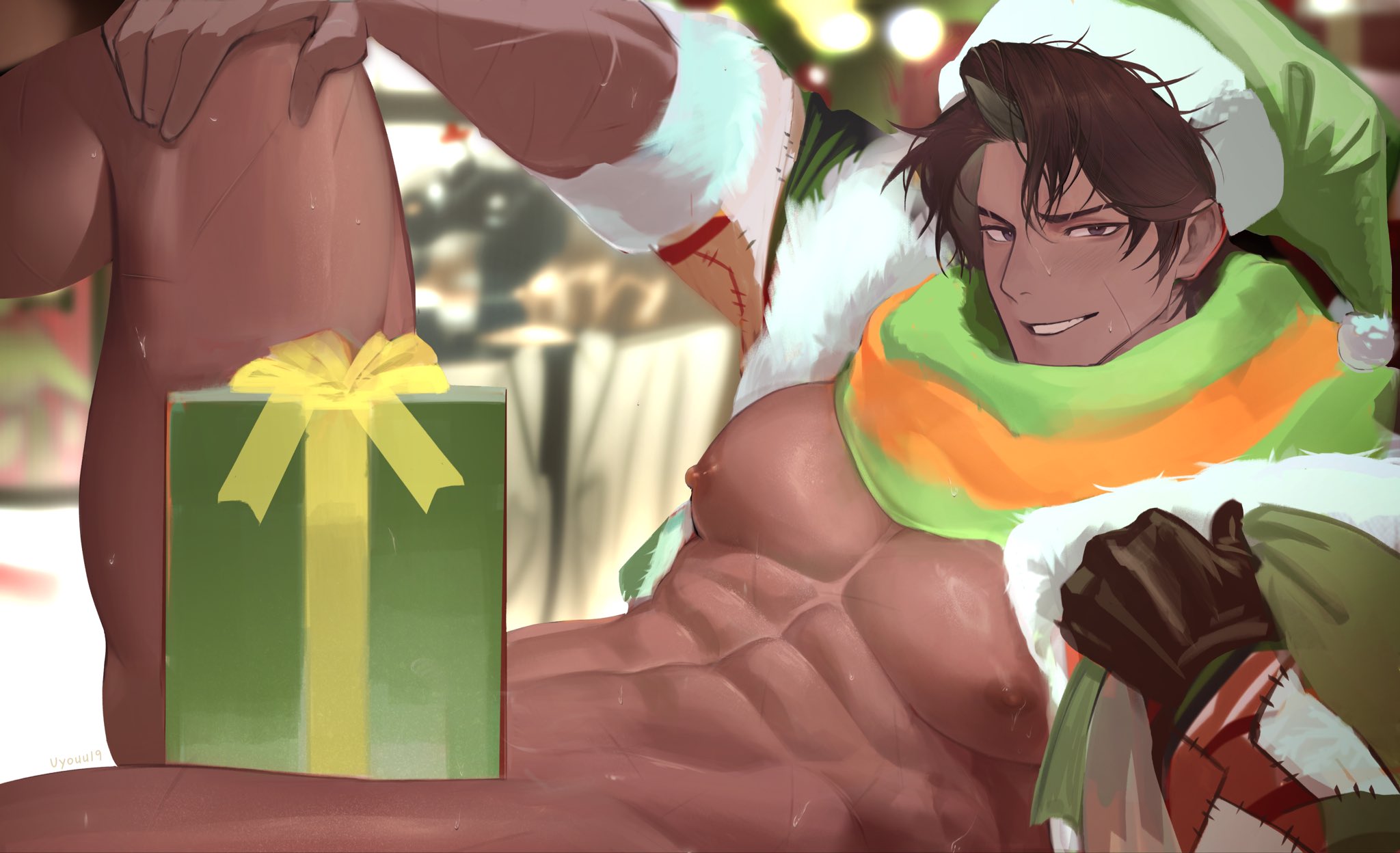 bara, bara tiddies, christmas, christmas gift, e.g.o (project moon), gay, gift wrapped, gloves, grinning, hat, heathcliff (limbus company), heathcliff (project moon), hidden, holidays, honestly quite incredible, limbus company, male, male only, muscular male, posing for picture, posing for the viewer, project moon, scarf, smiling, smirking, tremor bursted, unwrapping, uyouu19, voluptuous male, waow, yaoi