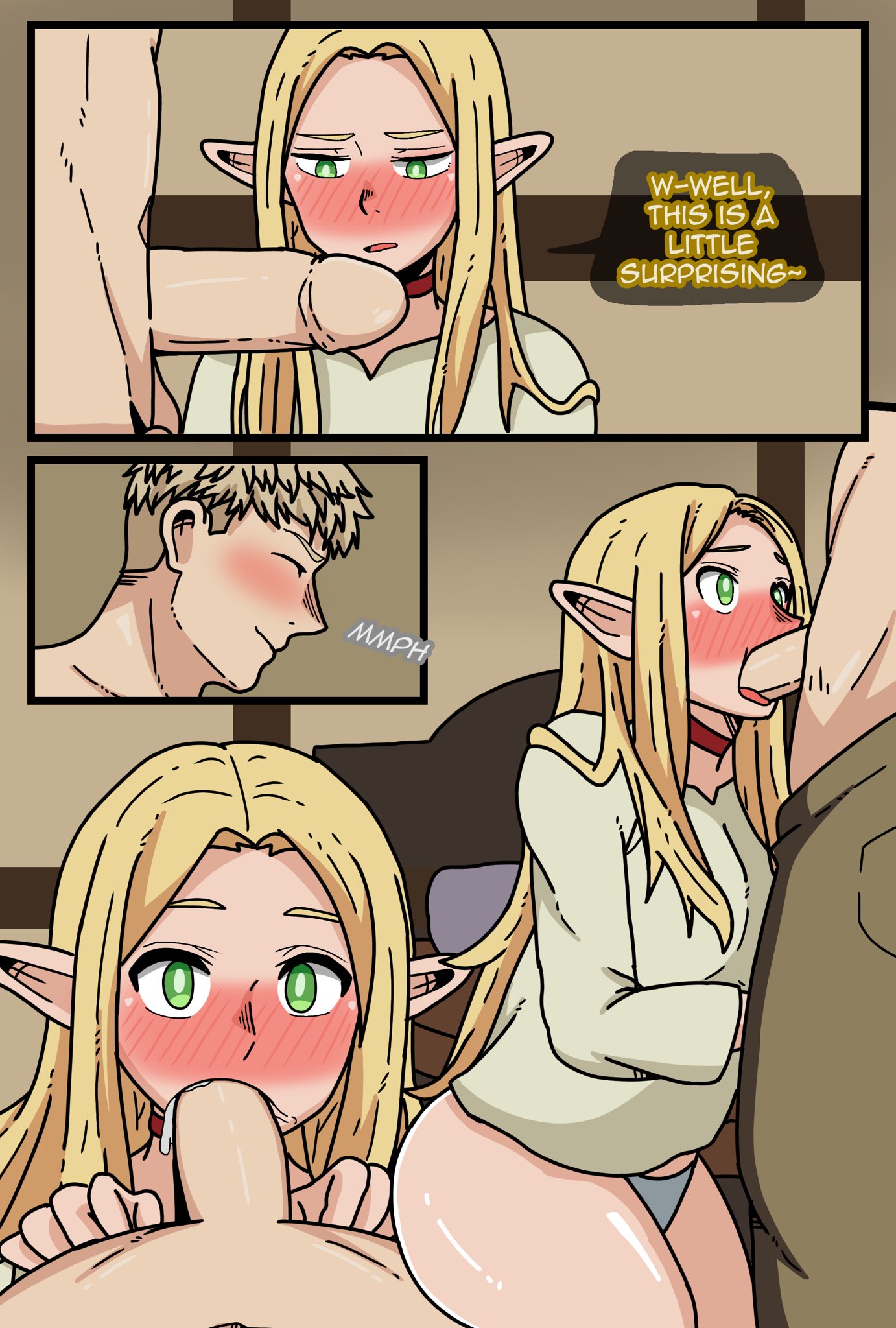 apoelayoshi7, blonde, blonde female, blonde hair, blonde hair female, blonde-haired female, blowjob, dungeon meshi, elf, elf ears, elf girl, fellatio, female, laios touden, male, marcille donato, woman