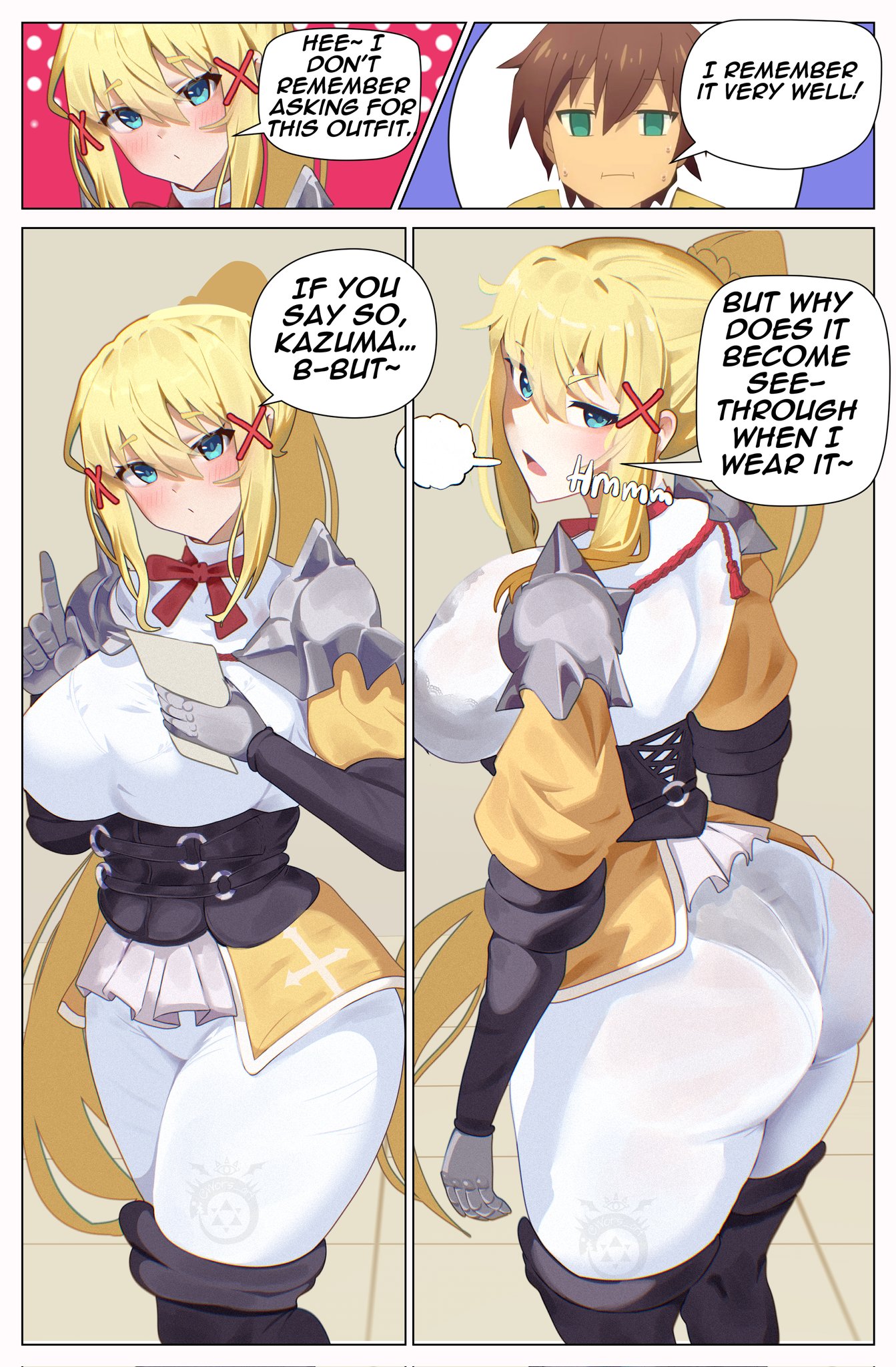 1boy, 1girls, ass, breasts, darkness (konosuba), english text, female, female focus, kono subarashii sekai ni shukufuku wo!, large ass, large breasts, light skin, light-skinned female, looking at viewer, looking back, male, satou kazuma, see-through, see-through clothing, text, thick thighs, thighs, wide hips, wors art