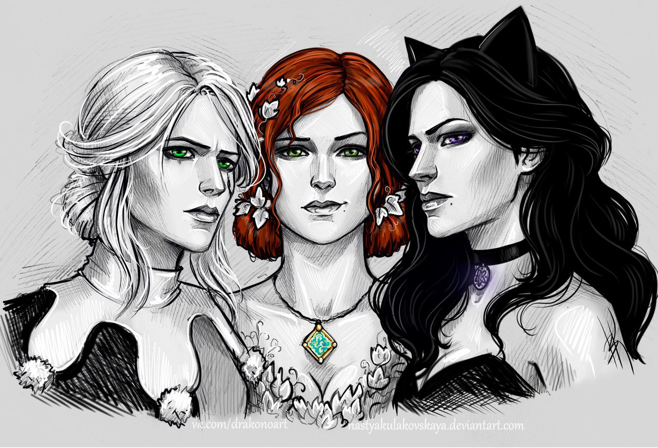 1girls, 2d, 2d (artwork), 3girls, batman (series), black hair, cat ears, catwoman, catwoman (cosplay), cd projekt red, choker, ciri, cleavage, dc, dc comics, drakonoart, female, female only, green eyes, harley quinn (cosplay), light skin, light-skinned female, nastya kulakovskaya, pale skin, pale-skinned female, poison ivy (cosplay), red hair, the witcher, the witcher (series), the witcher 3: wild hunt, triss merigold, yennefer