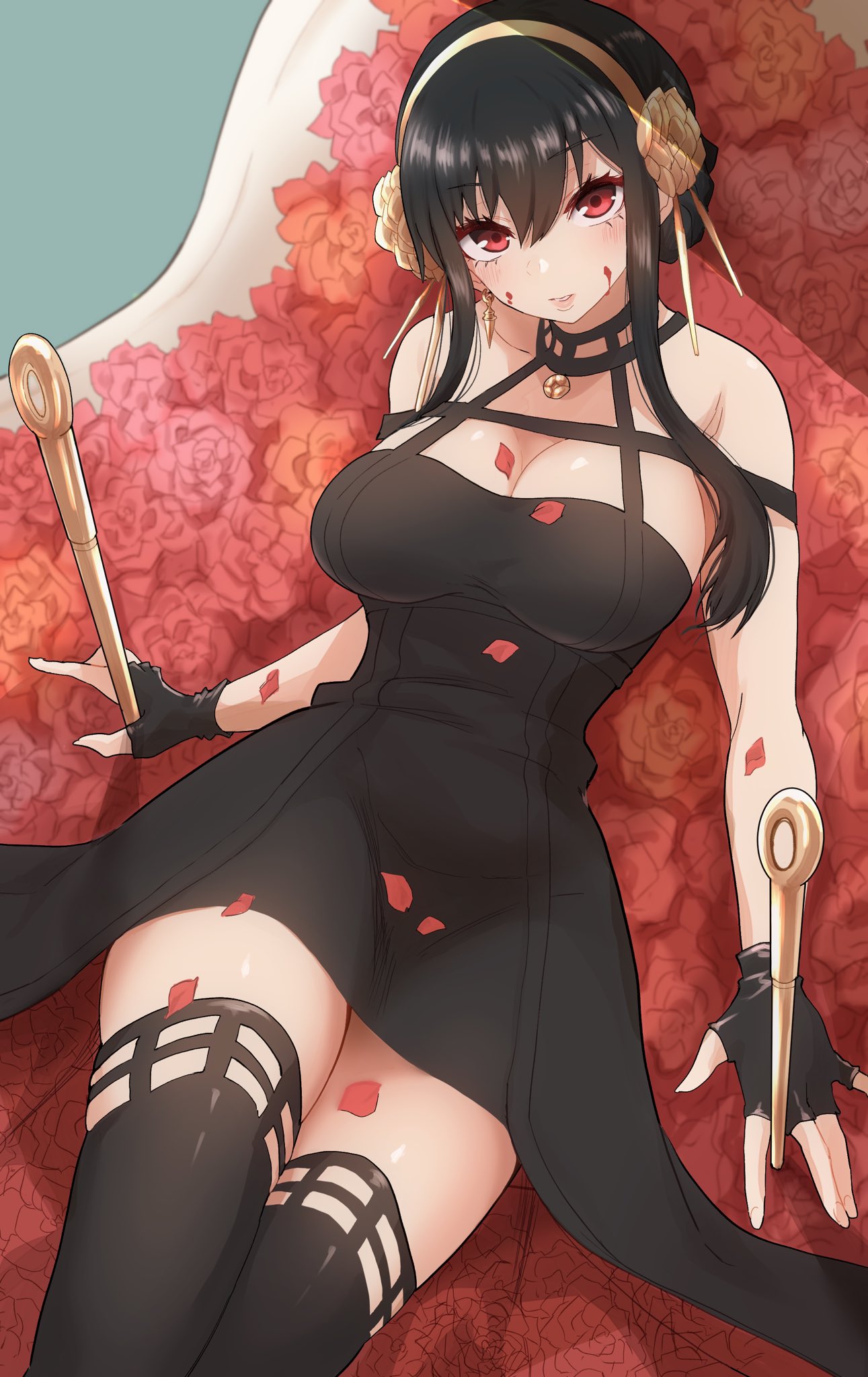 1girls, assassin, big breasts, black dress, black hair, breasts, female, female human, human, kurosususu, large breasts, light skin, light-skinned female, long hair, mature female, milf, mother, petals, red eyes, rose (flower), slim waist, solo, solo female, spy x family, stiletto (weapon), thighhighs, thighs, thorn princess, yor briar, yor forger
