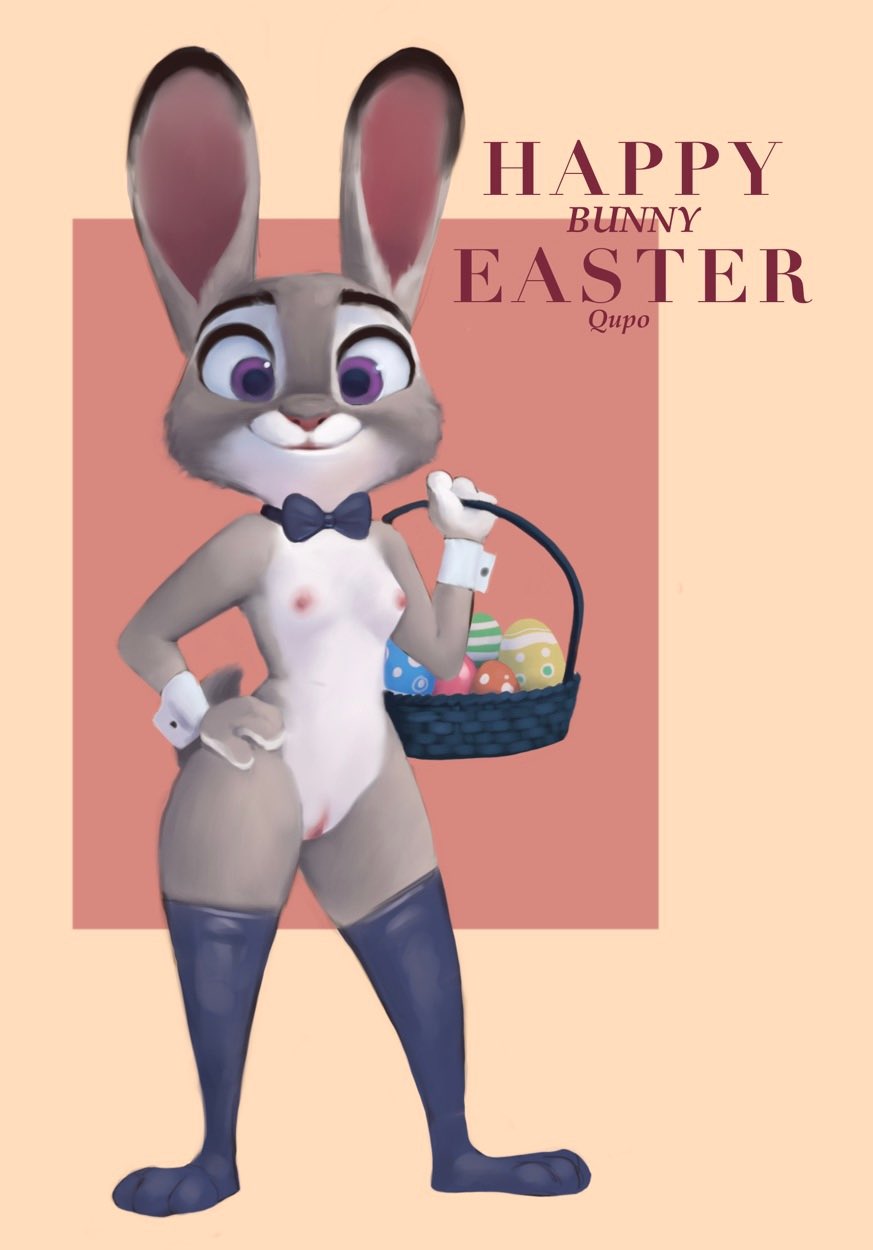 anthro areola basket bow_tie breasts container disney easter english_text female flat_chest fur furry furry_only genitals grey_body grey_fur hi_res holding_object holidays judy_hopps lagomorph legwear leporid looking_at_viewer mammal mostly_nude nipples nude purple_eyes pussy qupostuv35 rabbit simple_background small_breasts smile smiling_at_viewer solo standing stockings tail text zootopia