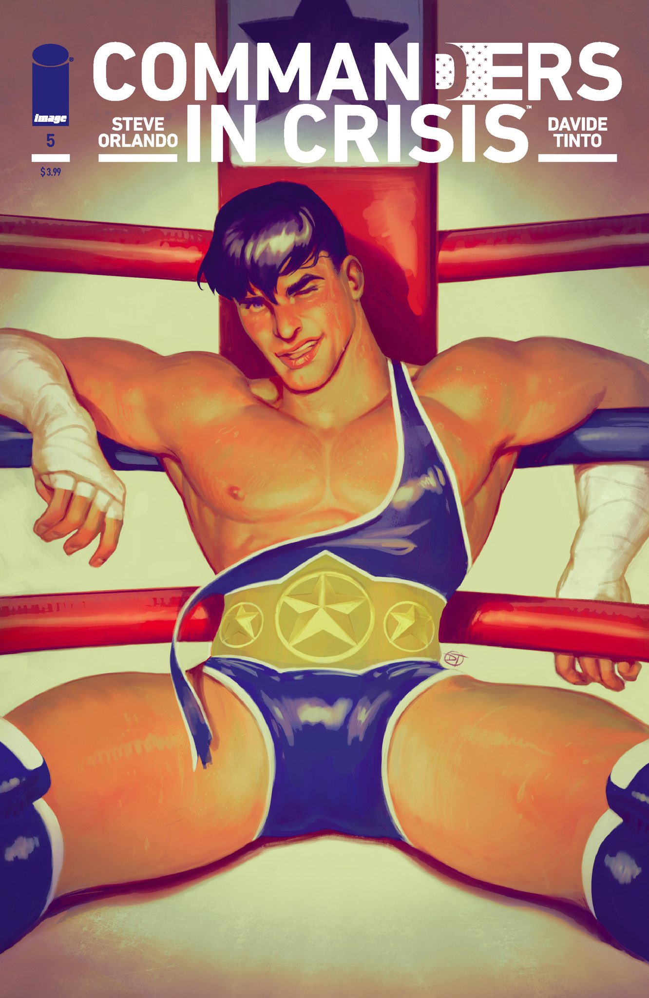 1boy boxing_ring bulge caucasian caucasian_male comic_cover commanders_in_crisis cover david_talaski looking_at_viewer male male_only muscles muscular muscular_male nipple_peek singlet solo solo_male spread_legs