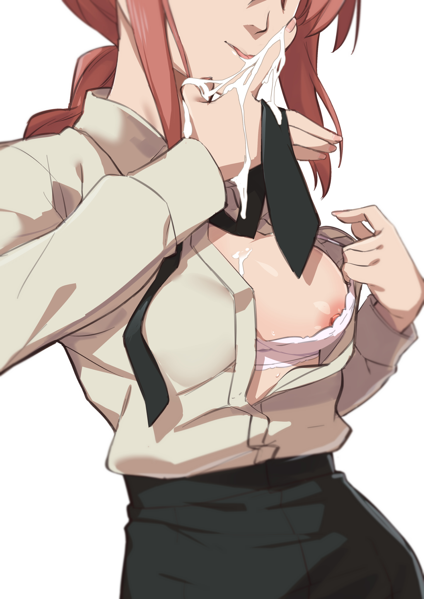 bra, breasts, breasts exposed, breasts out, breasts outside, business attire, business suit, business woman, chainsaw man, clothed female, cum, cum drip, cum in mouth, cum on body, cum on breasts, cum on face, cum on hand, exposed breasts, female, flashing breasts, licking cum, makima (chainsaw man), medium breasts, morisobo, nipples, office lady, red hair, solo female, tie