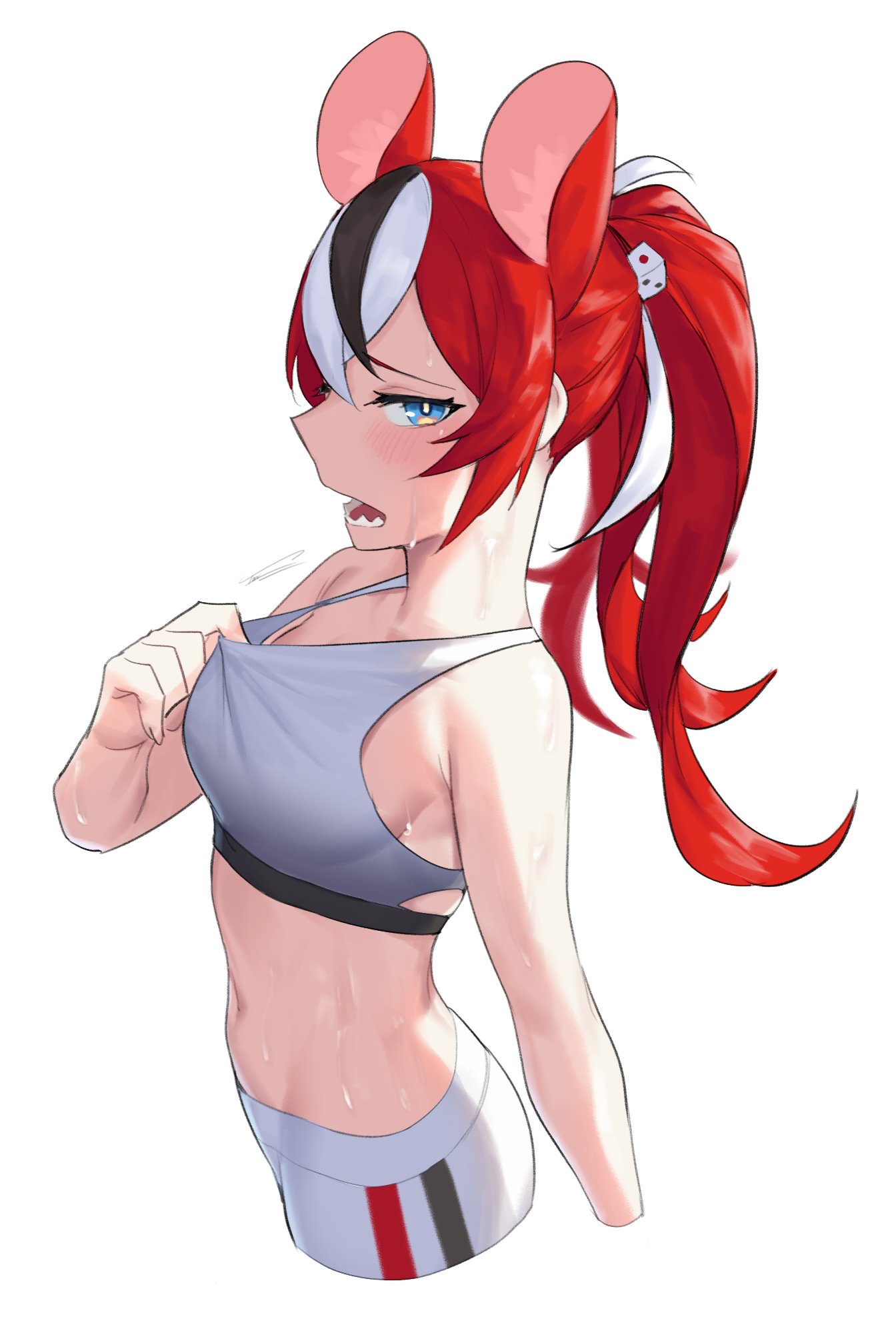 after_workout animal_ears belly belly_button big_ears blue_eyes breasts dasdokter hakos_baelz hololive hololive_english hololive_english_-council- hololive_english_-promise- large_ears medium_breasts mouse_ears mouse_girl petite post_workout pulling_clothing red_hair sharp_teeth shirt_pull shoulders small_breasts sports_bra sportswear sweat sweating sweaty sweaty_body teeth tired tummy virtual_youtuber