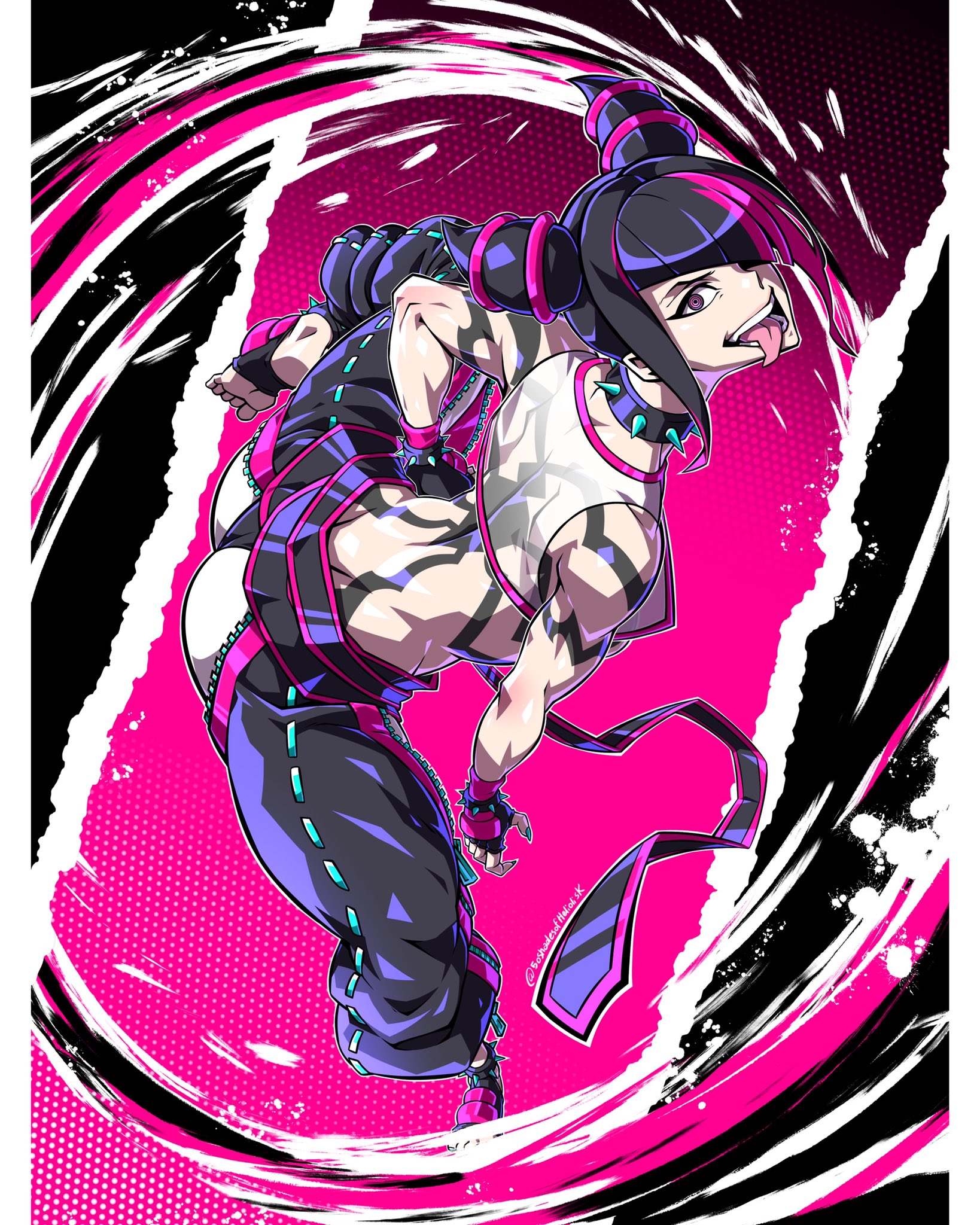 1girls, 50shadesofhelio, arched back, ass, back, big ass, big butt, bodypaint, choker, collar, crazy, crazy eyes, feet, female, female only, fit, fit female, insane, juri han, large ass, muscular, muscular female, pale, pale skin, solo, spiked collar, street fighter, street fighter 6, thick, toned, toned female, tongue, tongue out