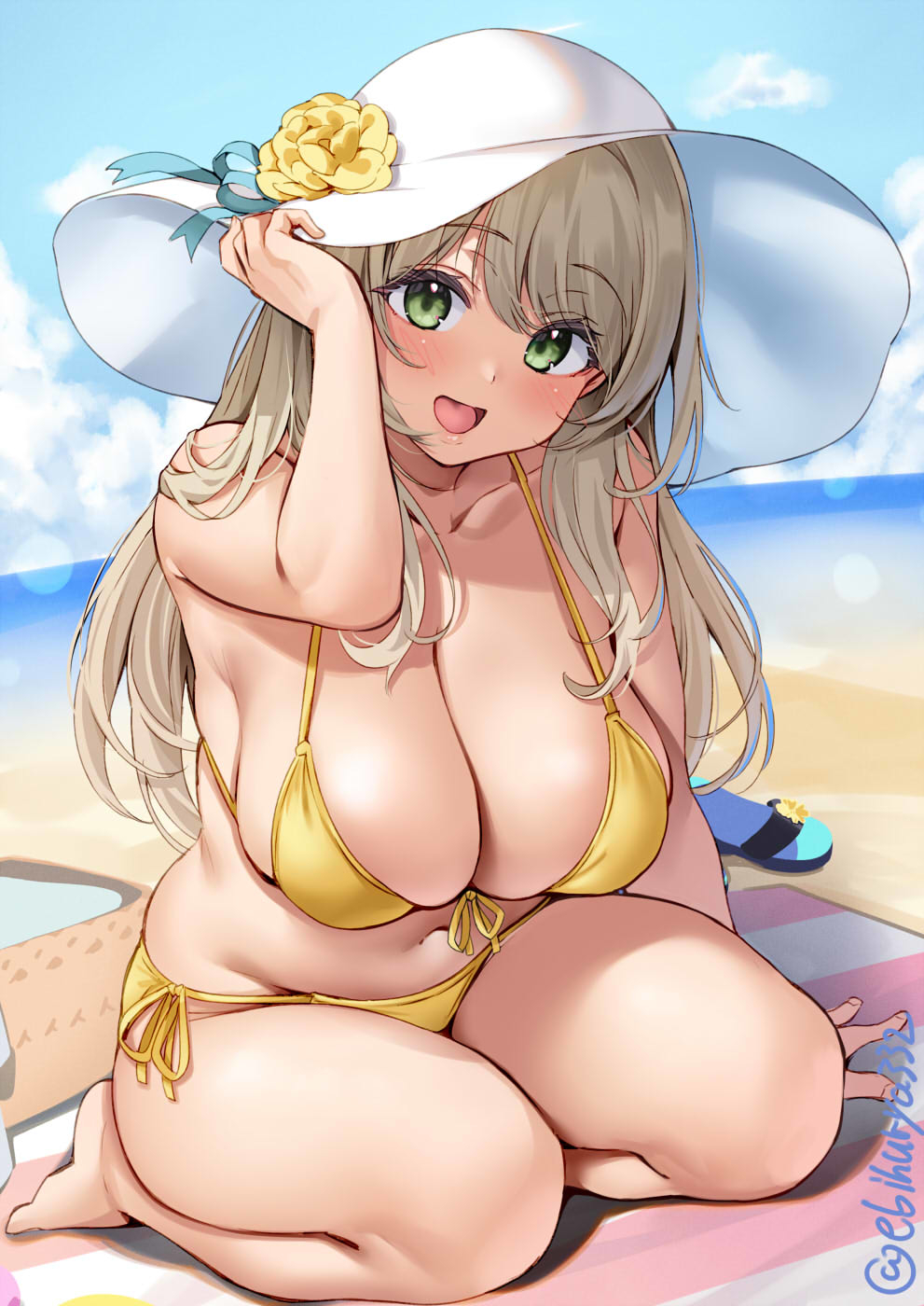 bangs, bare arms, bare legs, bare shoulders, barefoot, beach, bikini, blonde female, blue archive, blue sky, blush, breasts, cleavage, cloud, collarbone, day, ebifurya, female, flower, front-tie bikini, front-tie top, green eyes, hat, hat flower, hat ribbon, highres, large breasts, light brown hair, long hair, looking at viewer, navel, nonomi (blue archive), nonomi (swimsuit) (blue archive), ocean, official alternate costume, open mouth, outdoors, plump, ribbon, sand, seiza, side-tie bikini, sitting, sky, smile, solo, stomach, sun hat, swept bangs, swimsuit, thighs, twitter username, water, yellow bikini