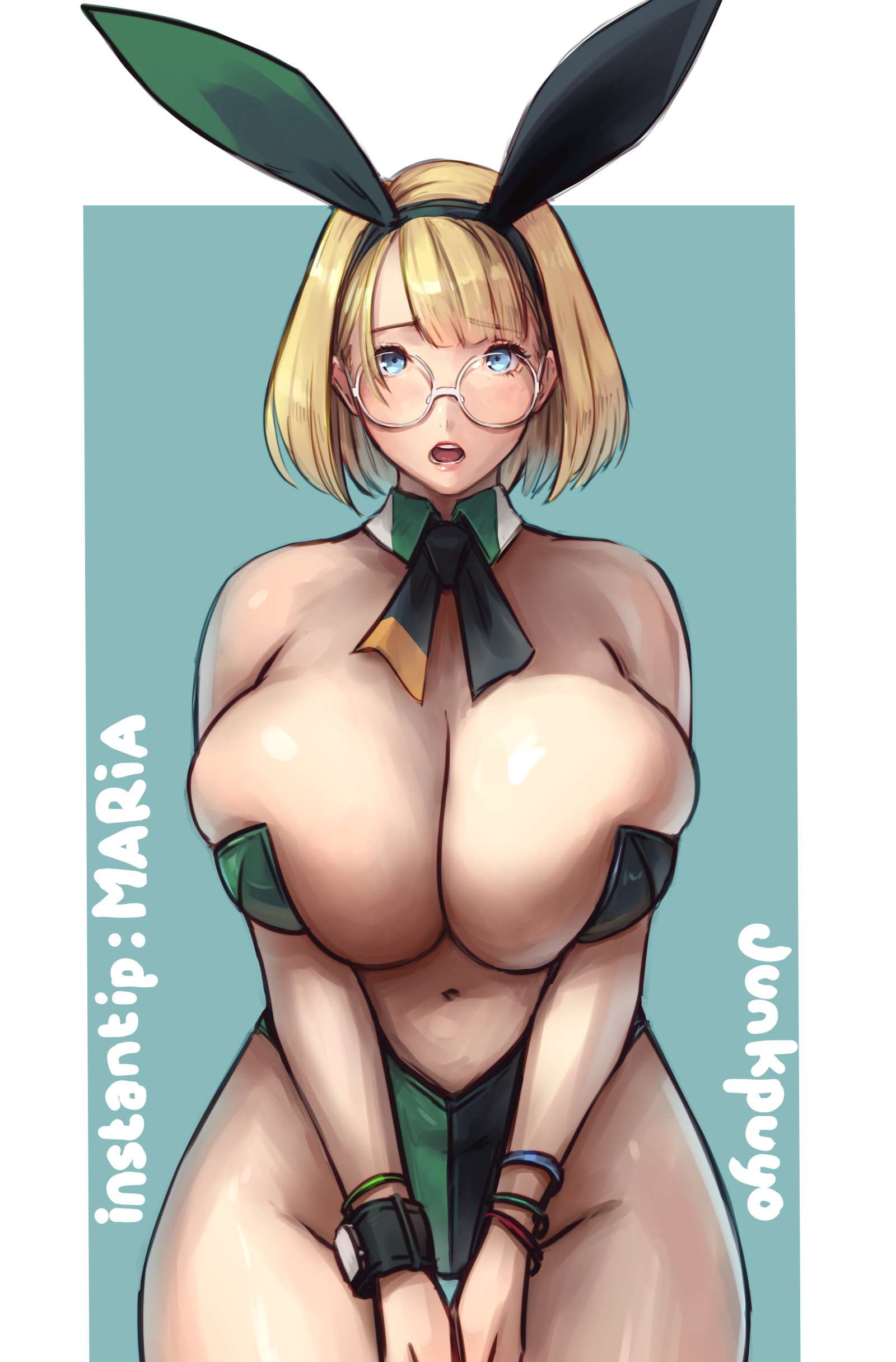 1girls, breasts, bunny ears, bunny girl, bunnysuit, female, female only, glasses, huge breasts, junkpuyo, solo