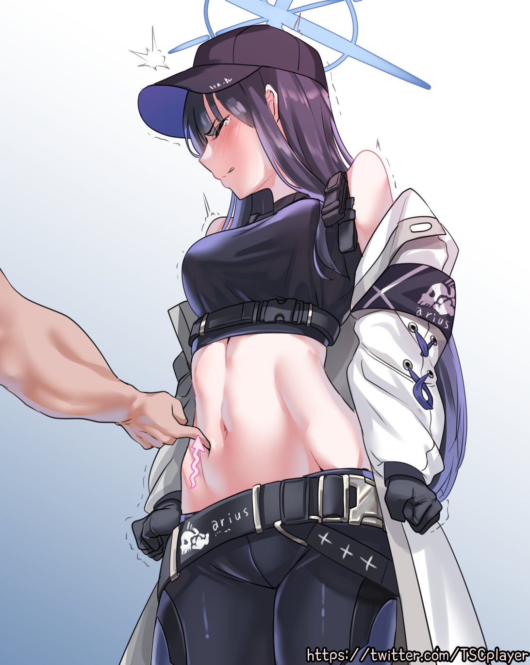 abs being_touched belly belly_button belt big_breasts blush blushing breasts cap coat coat_partially_removed embarrassed fit fit_female hat heavy_blush nonude reluctant thick thighs touching tscplayer