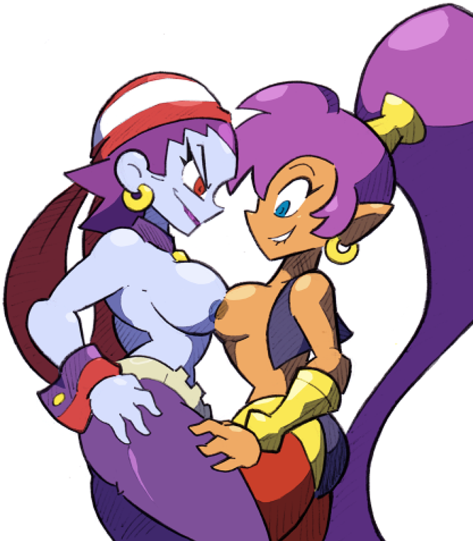 2girls, akiman pose, asymmetrical docking, bad id, bad tumblr id, bandana, bare shoulders, biting, biting lip, blue skin, breast contest, breast press, breasts, breasts out, breasts to breasts, colored skin, dark nipples, dark skin, dark-skinned female, earrings, female, female only, female/female, hand on hip, harem pants, jewelry, large breasts, lesbian, lipstick, long hair, makeup, multiple females, multiple girls, nipple to nipple, nipples, nipples touching, pants, pirate, pointy ears, purple hair, purple lips, red eyes, risky boots, shantae, shantae (character), shantae and the pirate's curse, short hair, stealth brock, topless, very long hair, wrist cuffs, yuri