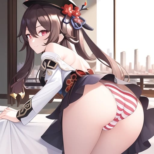ai generated, alternate costume, ass, bare shoulders, bed, blush, breasts, brown hair, cameltoe, come hither, detached sleeves, female, from behind, genshin impact, hat, hat ornament, hu tao (genshin impact), leaning, leaning forward, long hair, looking at viewer, looking back, medium breasts, miniskirt, naughty face, panties, pussy, red eyes, shiny, shiny clothes, shiny hair, shiny skin, sideboob, skirt, smile, solo, twintails, very long hair