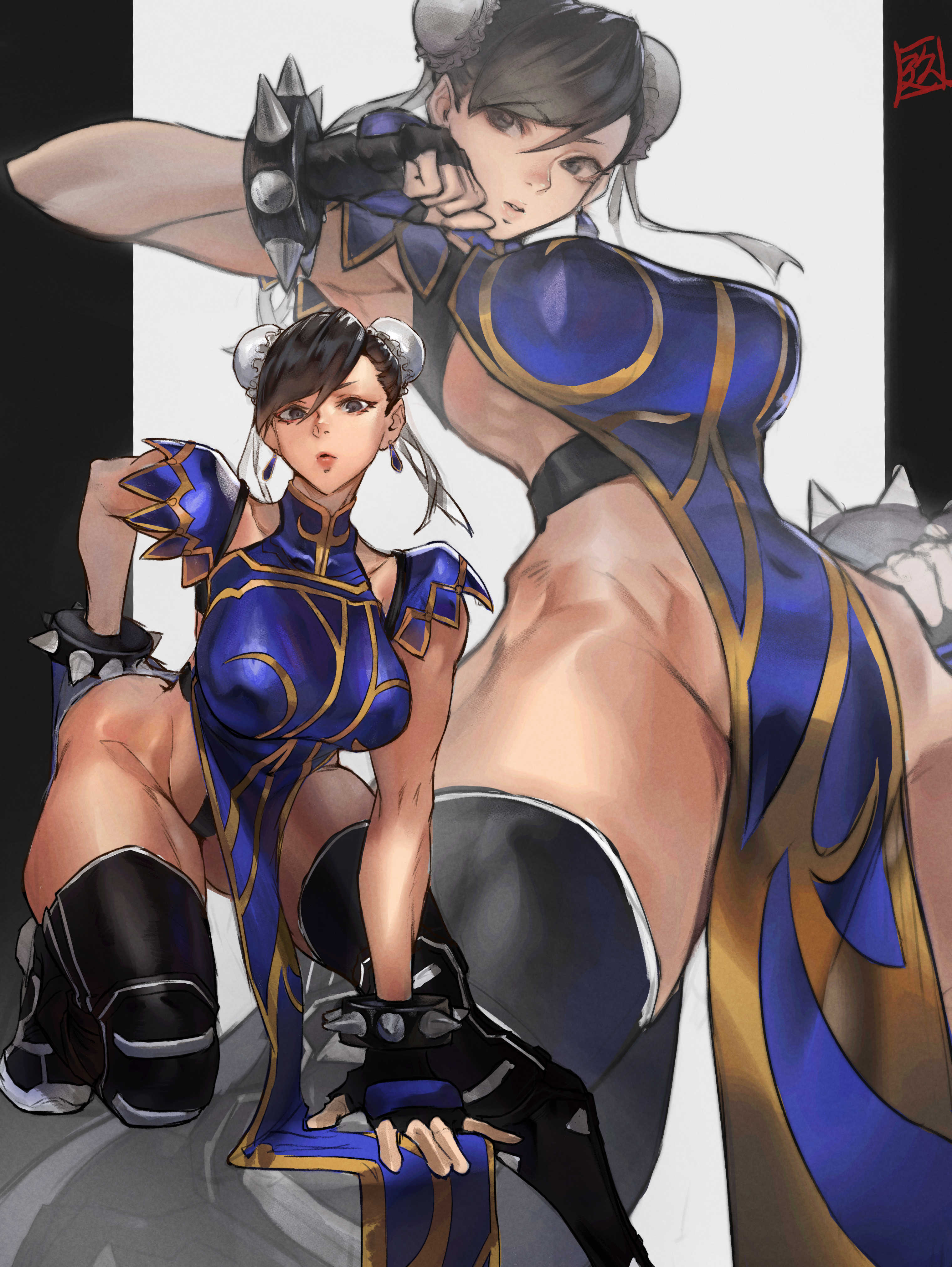 1girls, 2d, 2d (artwork), 2d artwork, alternate costume, armpits, arms behind back, asian, asian female, belly button visible through clothing, big breasts, bracelet, bracelets, breasts, chinese, chinese clothes, chun-li, female, female only, fit, fit female, flexible, gloves, hair bun, hair buns, huge breasts, human, juaagacgy, knees, large breasts, martial artist, martial arts, martial arts uniform, milf, muscular, muscular female, official alternate costume, revealing clothes, solo, spiked bracelet, spikes, street fighter, tagme, thick, thick thighs, thigh highs, thighhighs, thighs, toned, toned female, traditional clothes