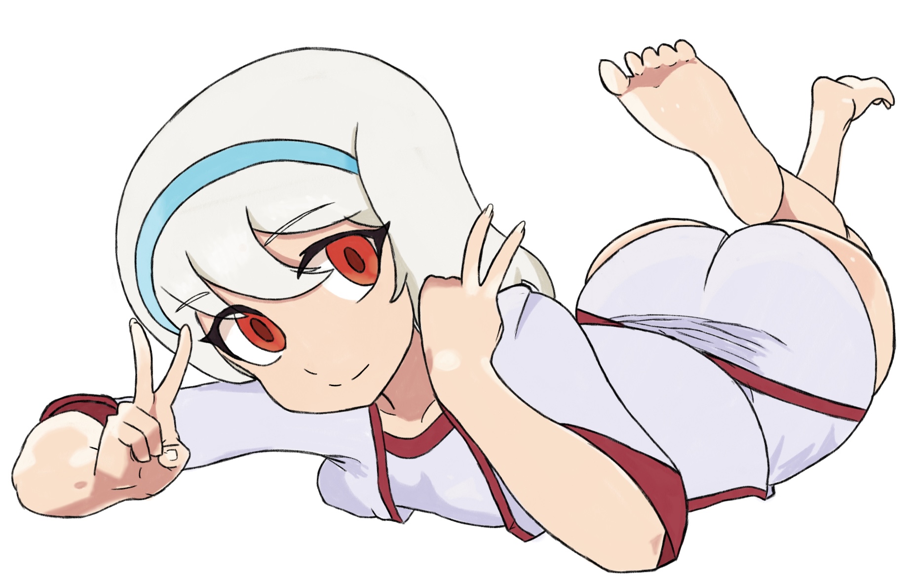 blonde female, feet, feet up, female, fortnite, fortnite: battle royale, headband, jacket, laying down, laying on stomach, lexa (fortnite), macky06 (artist), one-piece swimsuit, peace sign, red eyes, smile, smiling at viewer, swimsuit, swimwear, white hair