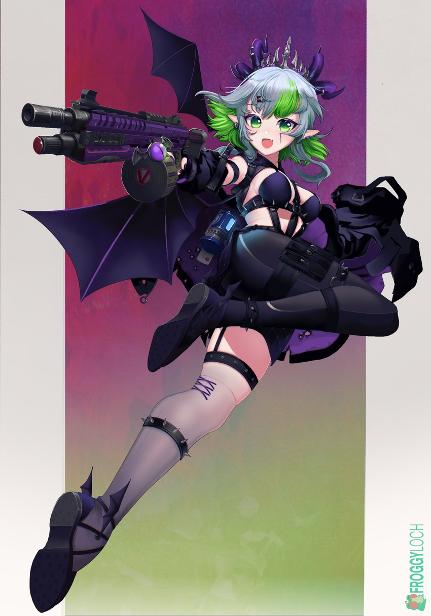 ass, big ass, bra, breasts, clothing, eva-8, female, firearm, froot, green eyes, green hair, gun, horns, leggings, looking at viewer, oerba yun fang, pale skin, revealing clothes, shotgun, small breasts, smile, smiling at viewer, thick thighs, thigh highs, virtual youtuber, vshojo, weapon, wings