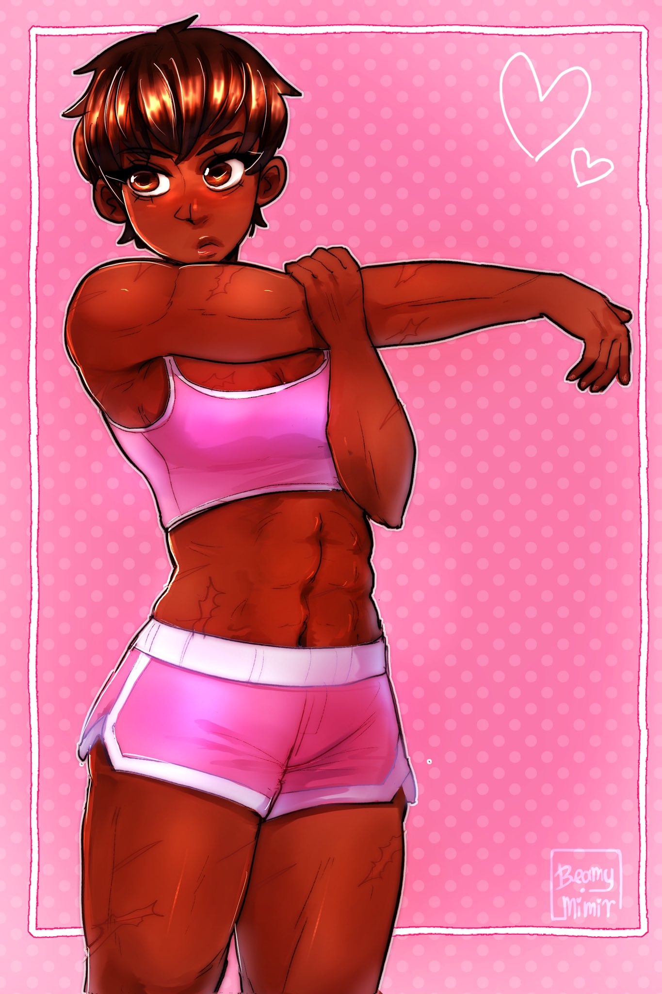 1girls abs ariesfaeriess athletic athletic_female berserk black_hair breasts brown_eyes brown_hair brown_skin casca dark-skinned_female dark_skin female female_only fit fit_female human muscle muscles muscular muscular_arms muscular_thighs pink_clothing pink_shorts scar scarred scars scars_all_over scars_on_arm scars_on_chest scars_on_thighs scars_on_wrist short_hair small_breasts solo sports_bra sports_shorts sportswear stretching thick thick_thighs thighs tomboy very_short_hair