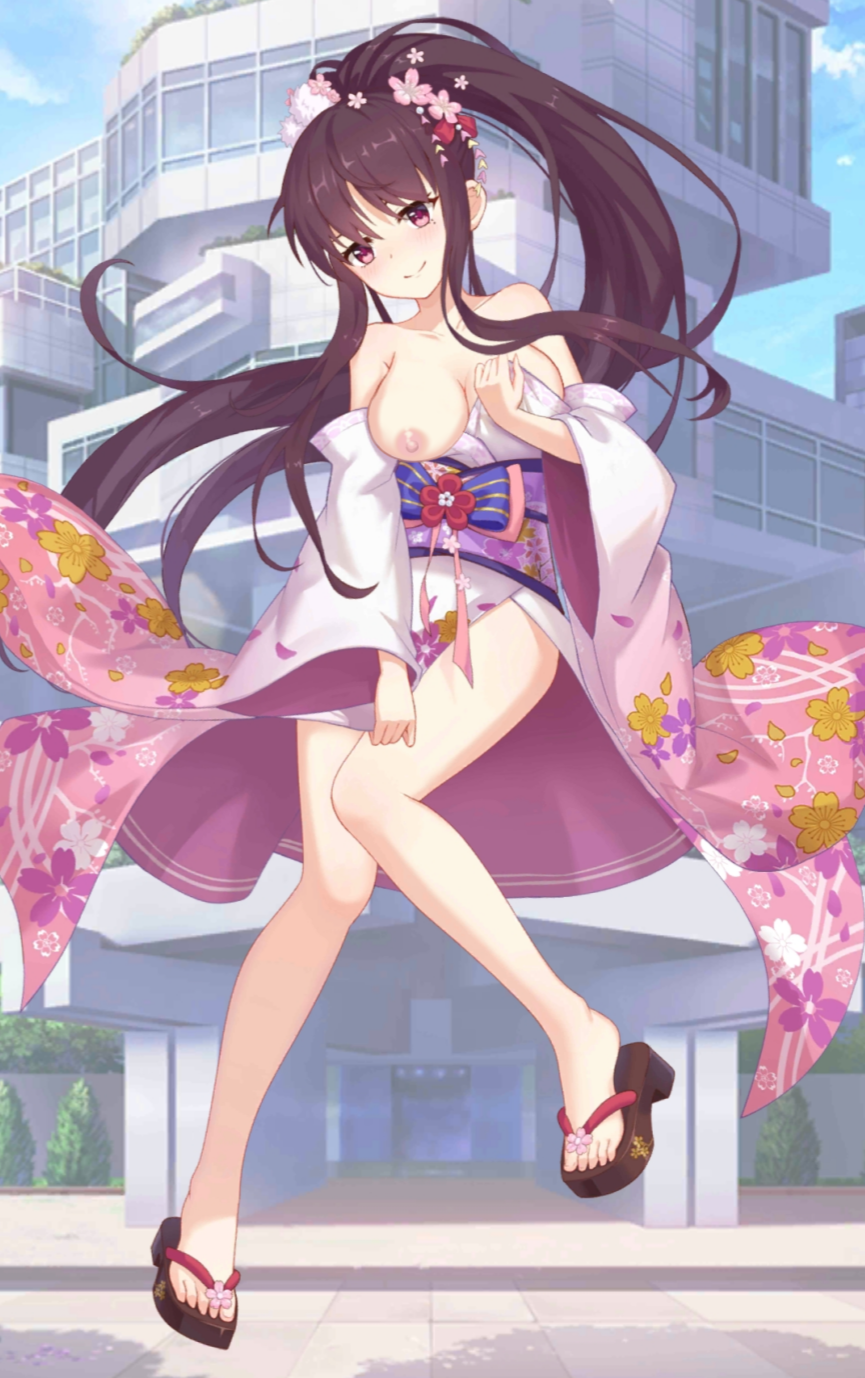 areolae breasts exposed_breasts exposed_nipples girls_x_battle_2 high_ponytail kimono ponytail sakura_(girls_x_battle_2)