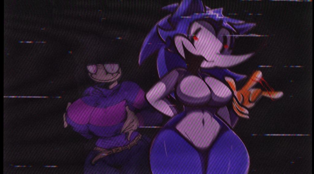 2girls, anthro, belt, big breasts, breasts, creepy, creepypasta, female, gojiron, looking at viewer, mobian (species), multiple females, multiple girls, needlemouse (character), needlemouse (series), nude, red eyes, sarah henderson (needlemouse), sega, sonic (series), sonic the hedgehog, sonic the hedgehog (series), static, wide hips