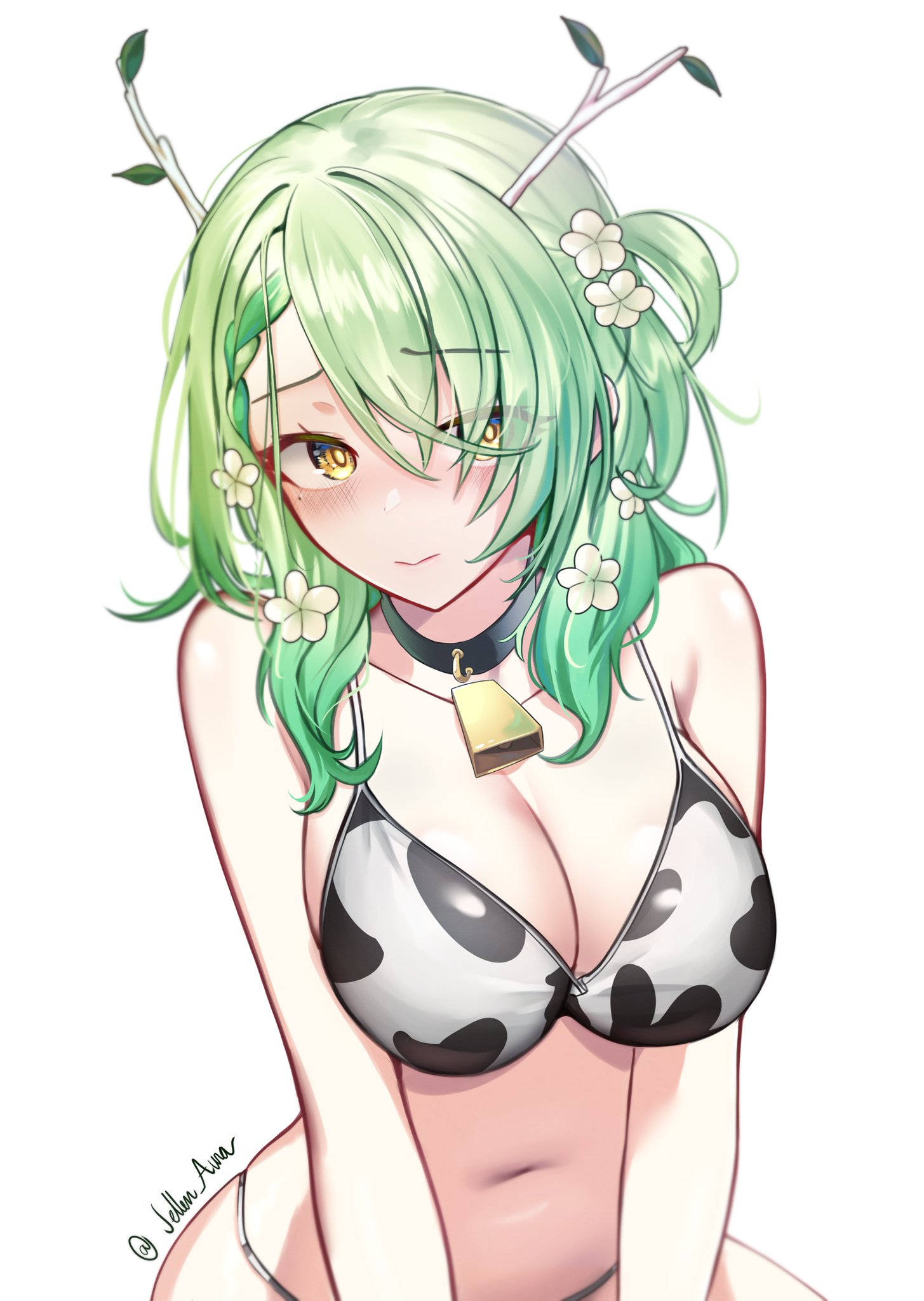 artist name, artist signature, beauty mark, bikini, bikini bottom, bikini top, blush, blush lines, breasts, ceres fauna, choker, cow print, cowbell, cowkini, embarrassed, female, flowers in hair, green hair, hololive, hololive english, hololive english -council-, hololive english -promise-, horns, jellen aura, large breasts, medium breasts, virtual youtuber, white background, yellow eyes