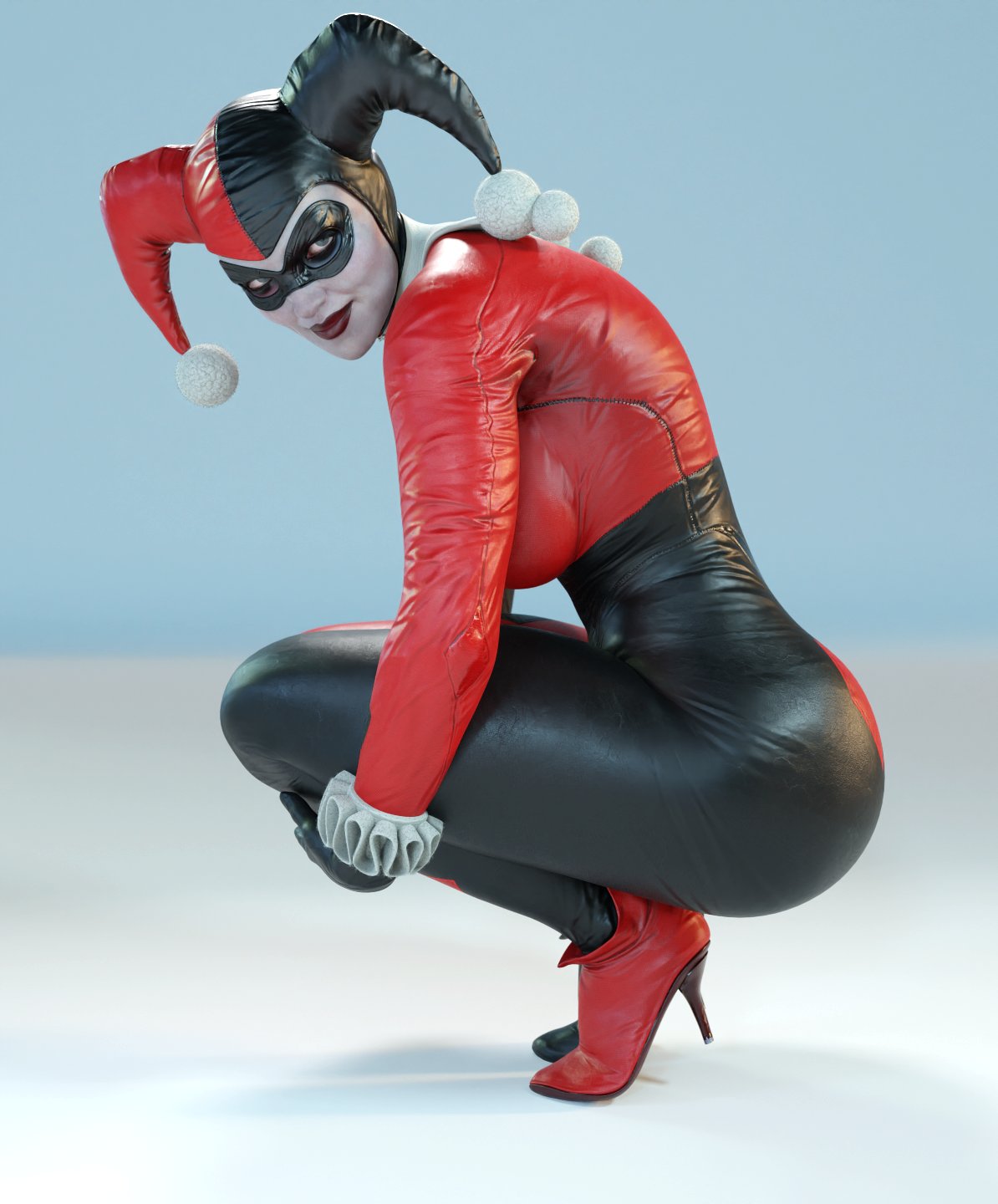 1girls, 3d, 3d (artwork), ass, batman (series), big ass, blender (software), bodysuit, bubble ass, bubble butt, dc, dc comics, female, female only, harley quinn, harley quinn (classic), harley quinn (injustice), high heels, huge ass, injustice 2, light skin, light-skinned female, looking at viewer, makeup, pale skin, pale-skinned female, smitty34, solo, solo female, tagme, thick thighs, villain