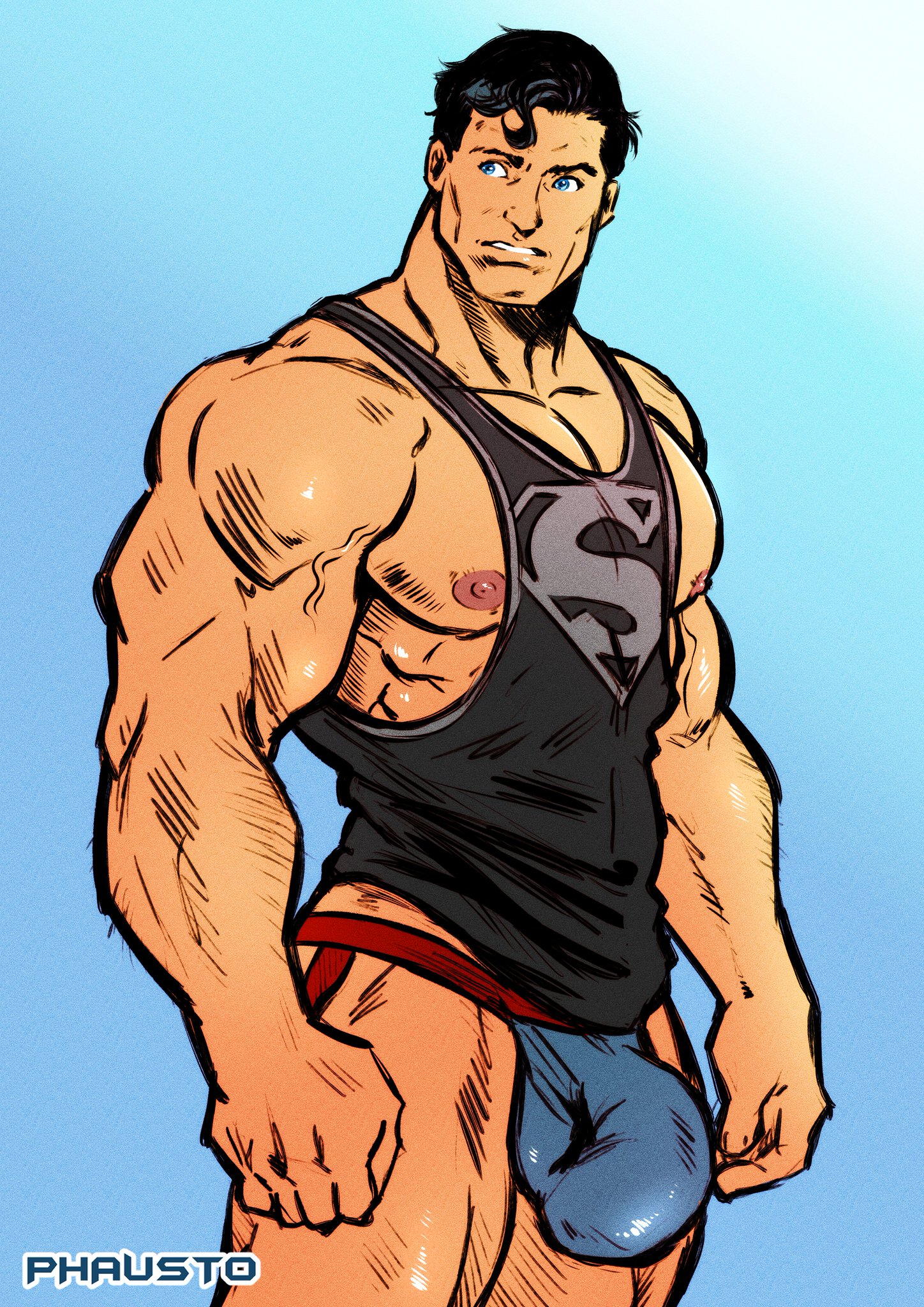 1boy, big bulge, black hair, blue eyes, bulge, clark kent, dark hair, dc, dc comics, detailed bulge, jockstrap, kal-el, male, male focus, male only, muscular, muscular male, nipples, pecs, penis, phausto, pink nipples, solo, solo focus, solo male, superman, superman (clark kent), superman (series), yaoi