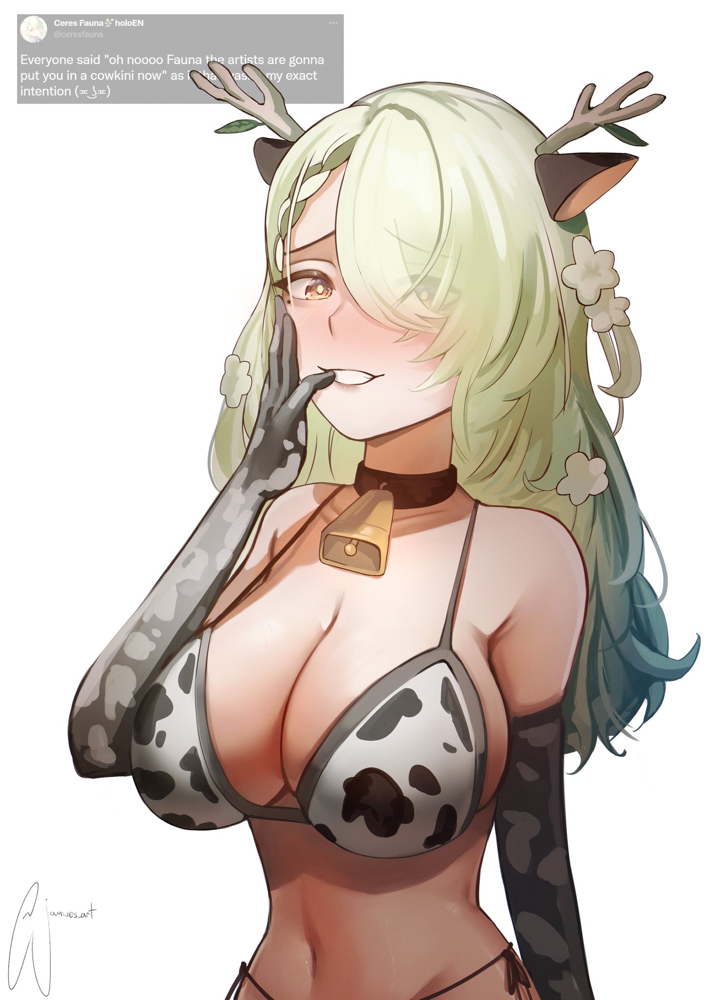 1girls, artist name, artist signature, beauty mark, bikini, bikini top, blush, breasts, ceres fauna, choker, cow ears, cow print, cowbell, cowkini, female, finger on mouth, flowers in hair, green hair, grin, hand on face, hololive, hololive english, hololive english -council-, hololive english -promise-, horns, jamwes, large breasts, long gloves, medium breasts, smug, smug face, text, twitter, twitter username, virtual youtuber, white background, yellow eyes