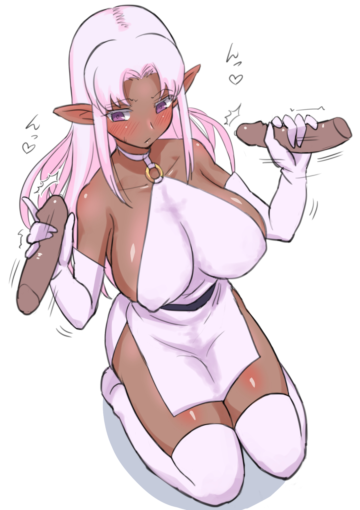 1girls, 2019, 2boys, bare shoulders, blush, breasts, cleavage, clothing, dark elf, dark skin, dark-skinned female, disembodied penis, dress, elbow gloves, elf, eyewear, feet, female, female focus, full body, gloved handjob, gloves, handjob, heart, highres, kneeling, large breasts, long ears, long hair, looking at penis, male, multiple boys, multiple males, nipple bulge, o-ring, original, penis, pink hair, pointy ears, precum, purple eyes, revealing clothes, seiza, shadow, short dress, sideboob, simple background, sitting, skimpy, skindentation, sleeveless, sleeveless dress, solo focus, sound effects, sweat, sweatdrop, thick thighs, thighhighs, thighs, tight clothing, unnmo777, white background, white dress, white gloves, zettai ryouiki