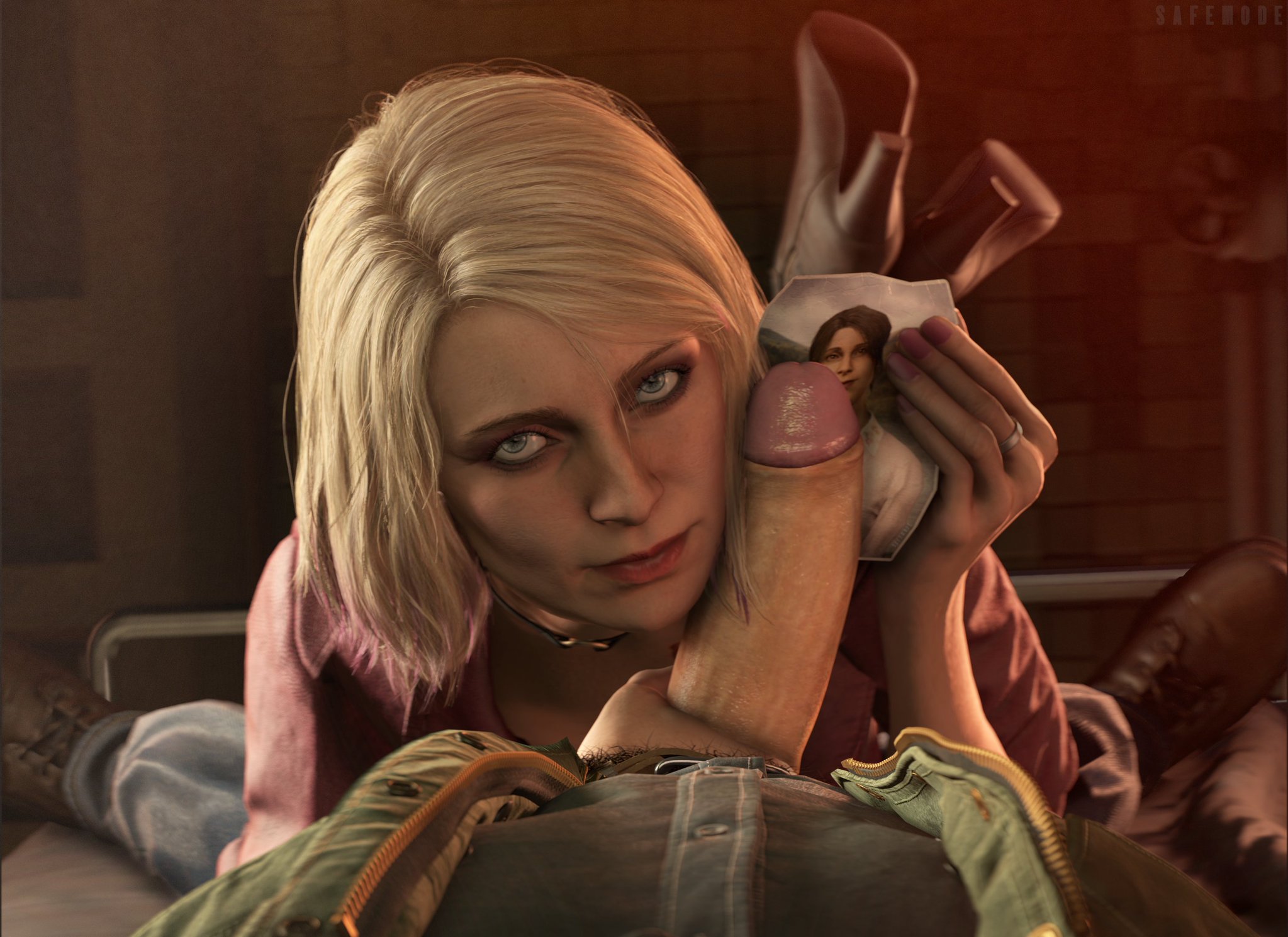 artist name, big penis, cum tribute, fit female, fit male, handjob, james sunderland, looking at viewer, male pov, maria (silent hill), mostly clothed, on back, on bed, penis on face, penis to the knees, pov, safemode, silent hill, silent hill 2, silent hill 2 remake, stroking penis, thick