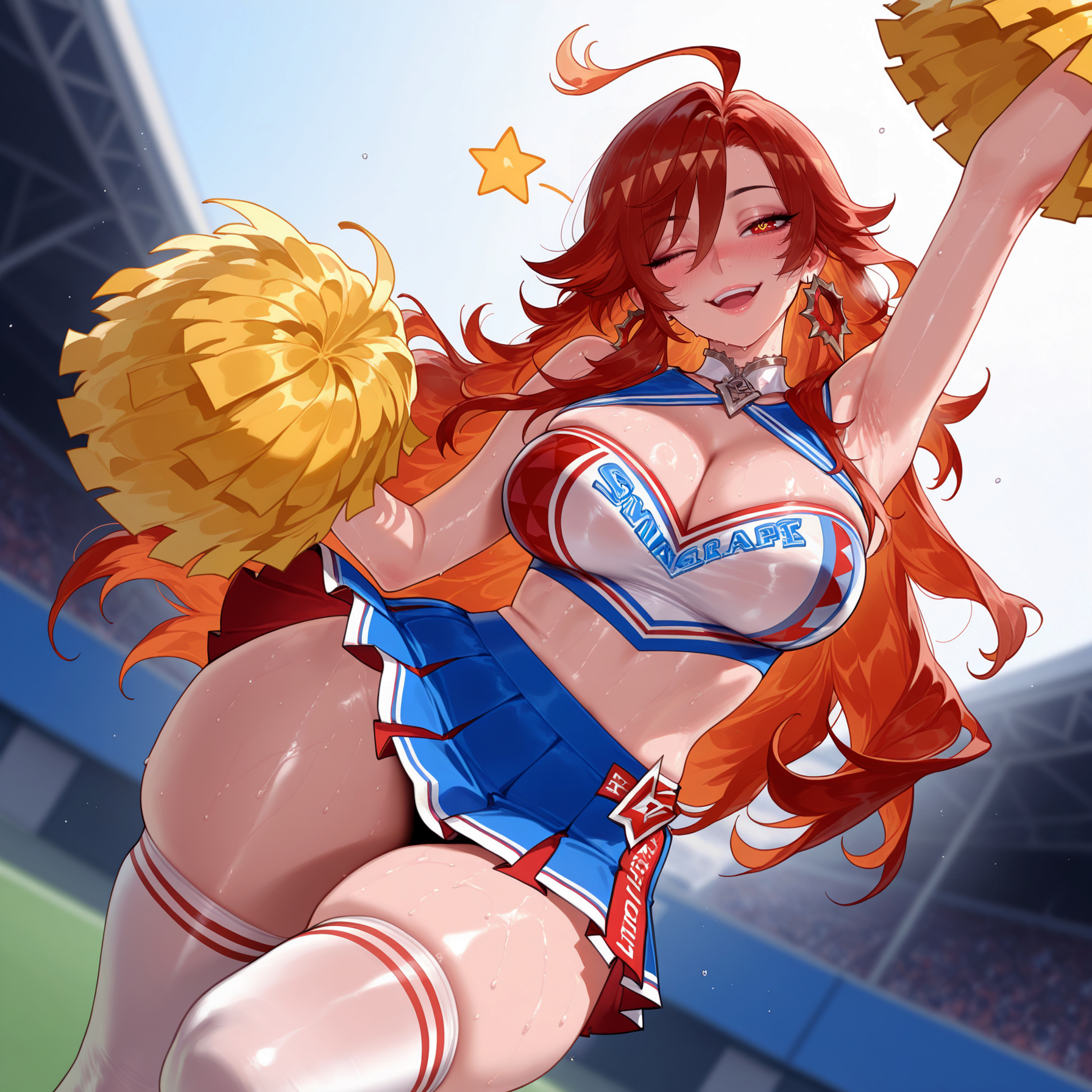 ;d, 1girl, 1girls, ahoge, ai generated, arm up, armpits, balecxi, bare shoulders, blue skirt, blurry background, blush, breasts, cheerleader, choker, cleavage, cleavage cutout, clothes writing, clothing, clothing cutout, crop top, crowd, curvaceous, curvaceous female, curvaceous figure, curvy, curvy figure, day, dutch angle, earrings, female, female focus, genshin impact, hair between eyes, holding, holding pom poms, hoyoverse, inviting, inviting to sex, jewelry, large breasts, legwear, long hair, looking at viewer, mavuika (genshin impact), midriff, mihoyo, miniskirt, navel, one eye closed, open mouth, outdoors, pleated skirt, pom pom (cheerleading), pom poms, presenting, presenting ass, presenting breasts, presenting hindquarters, presenting pussy, presenting self, red eyes, red hair, seductive, seductive look, seductive smile, skindentation, skirt, sleeveless, smile, solo, stadium, star (symbol), sweat, teeth, thick thighs, thighhighs, thighs, underwear, voluptuous, voluptuous female, white thighhighs, wide hips, zettai ryouiki