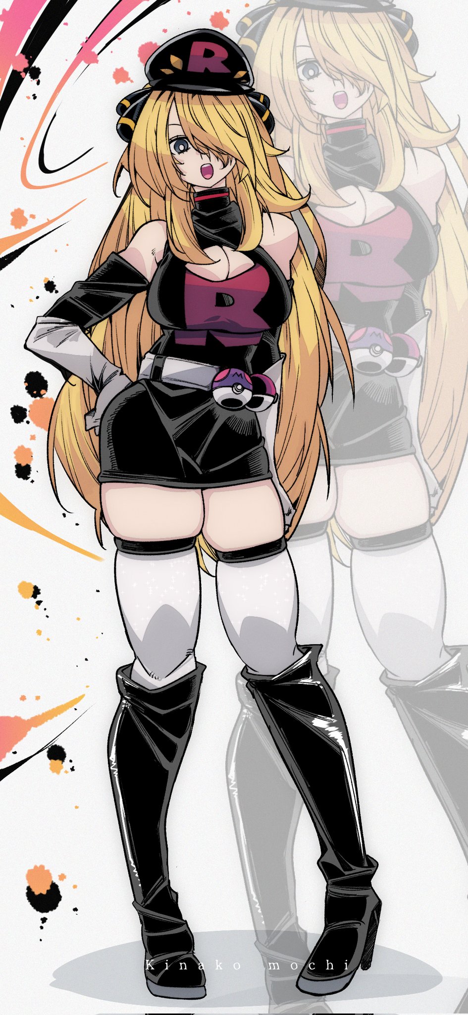 1girls, busty, busty female, corruption, cynthia (pokemon), enemy conversion, high heel boots, high heels, large breasts, omochi db, pokemon, pokemon dppt, questionable, team rocket, team rocket uniform, thighhigh boots, thighhighs