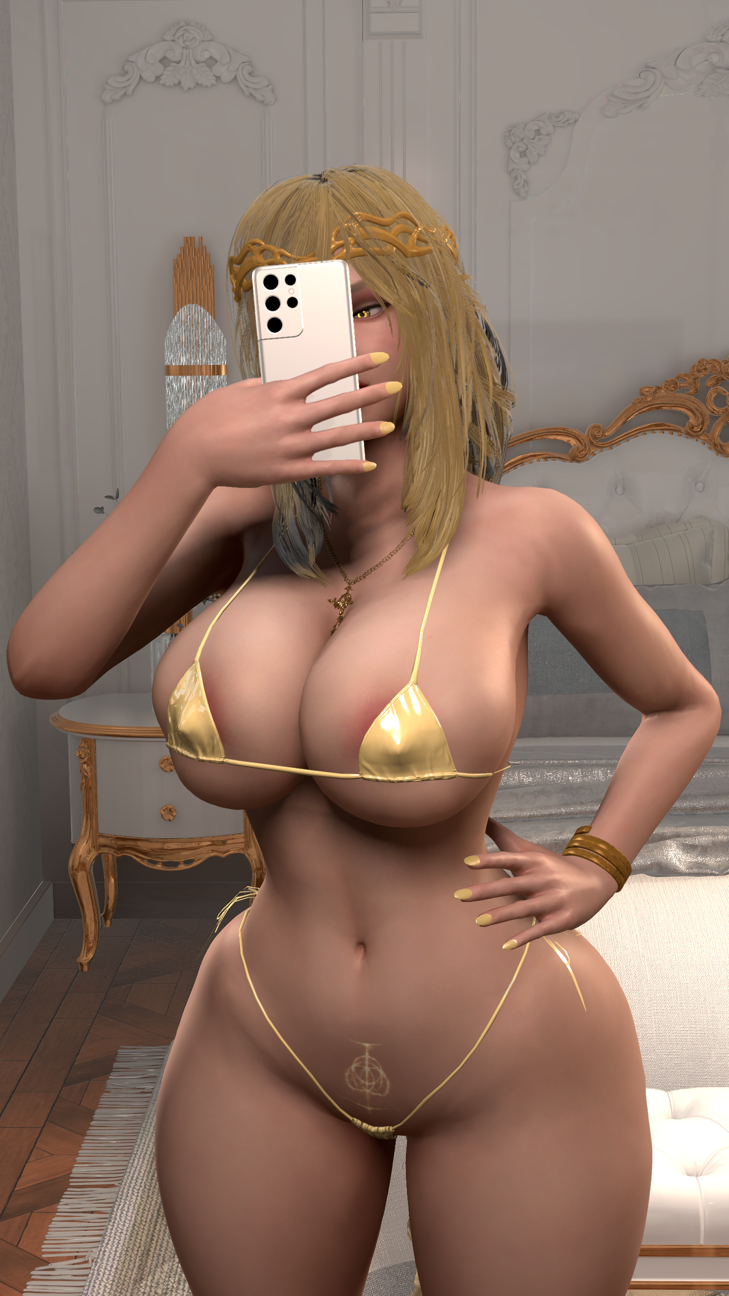 3d, 3d model, areola slip, big breasts, bikini, breast press, breasts, elden ring, female, female only, gold eyes, gold jewelry, golden bikini, golden hair, hips, hires, huge breasts, nick maxwell, phone, queen marika the eternal, selfie, solo female, stomach tattoo, tagme, thick thighs, virt-a-mate, virtamate, wide hips