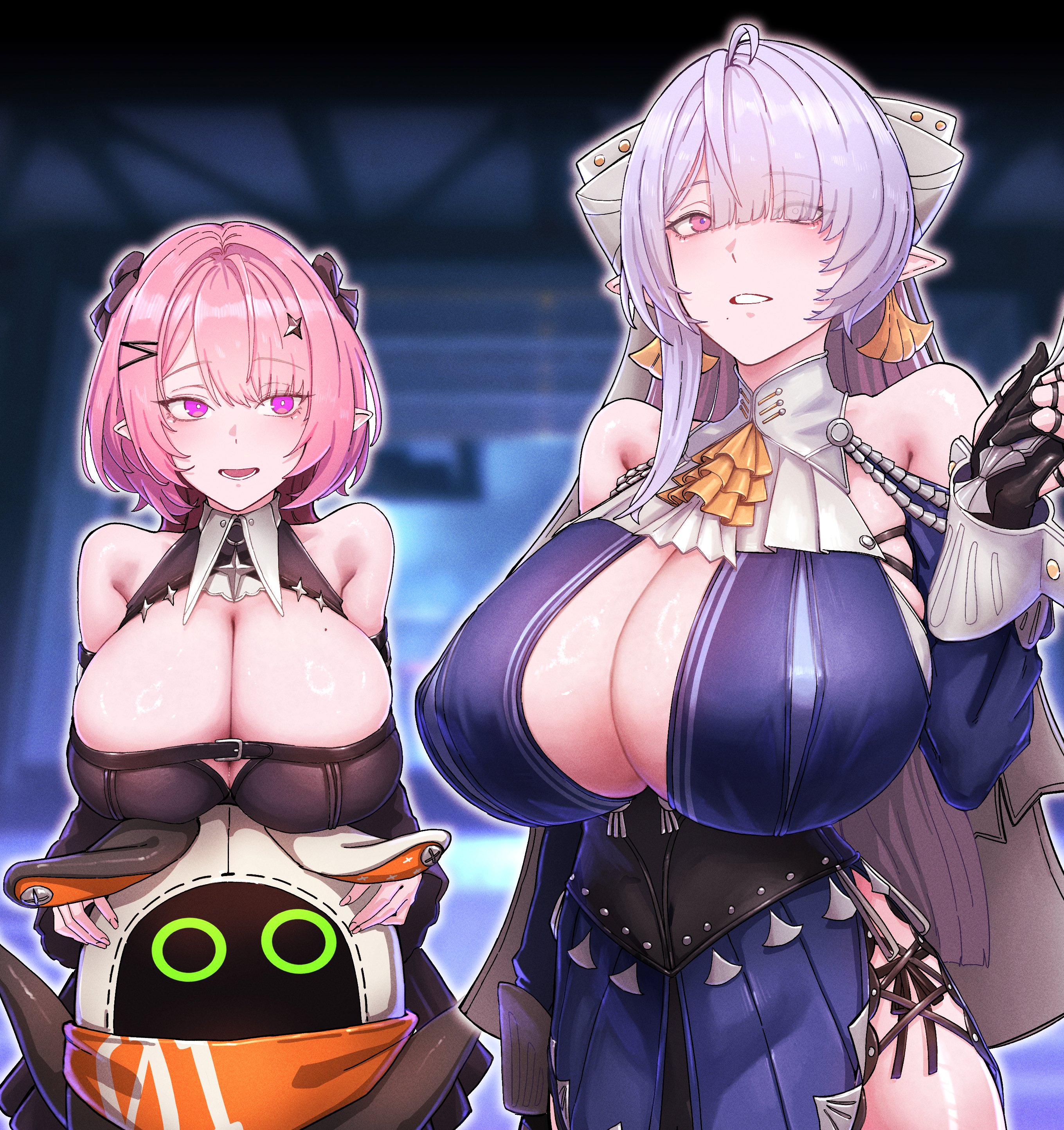 2girls, absurdres, ascot, bangboo (zenless zone zero), black dress, blue dress, breast rest, breasts, chest belt, cleavage, commentary request, dress, earrings, english commentary, eous (zenless zone zero), ethereal (zenless zone zero), grey hair, highres, horori (halloweenday309), huge breasts, jewelry, large breasts, medium hair, mixed-language commentary, multiple girls, parted lips, pink hair, pointy ears, purple eyes, remielle dan, remielle dan (moonlight whispers), velina airgid, yellow ascot, zenless zone zero