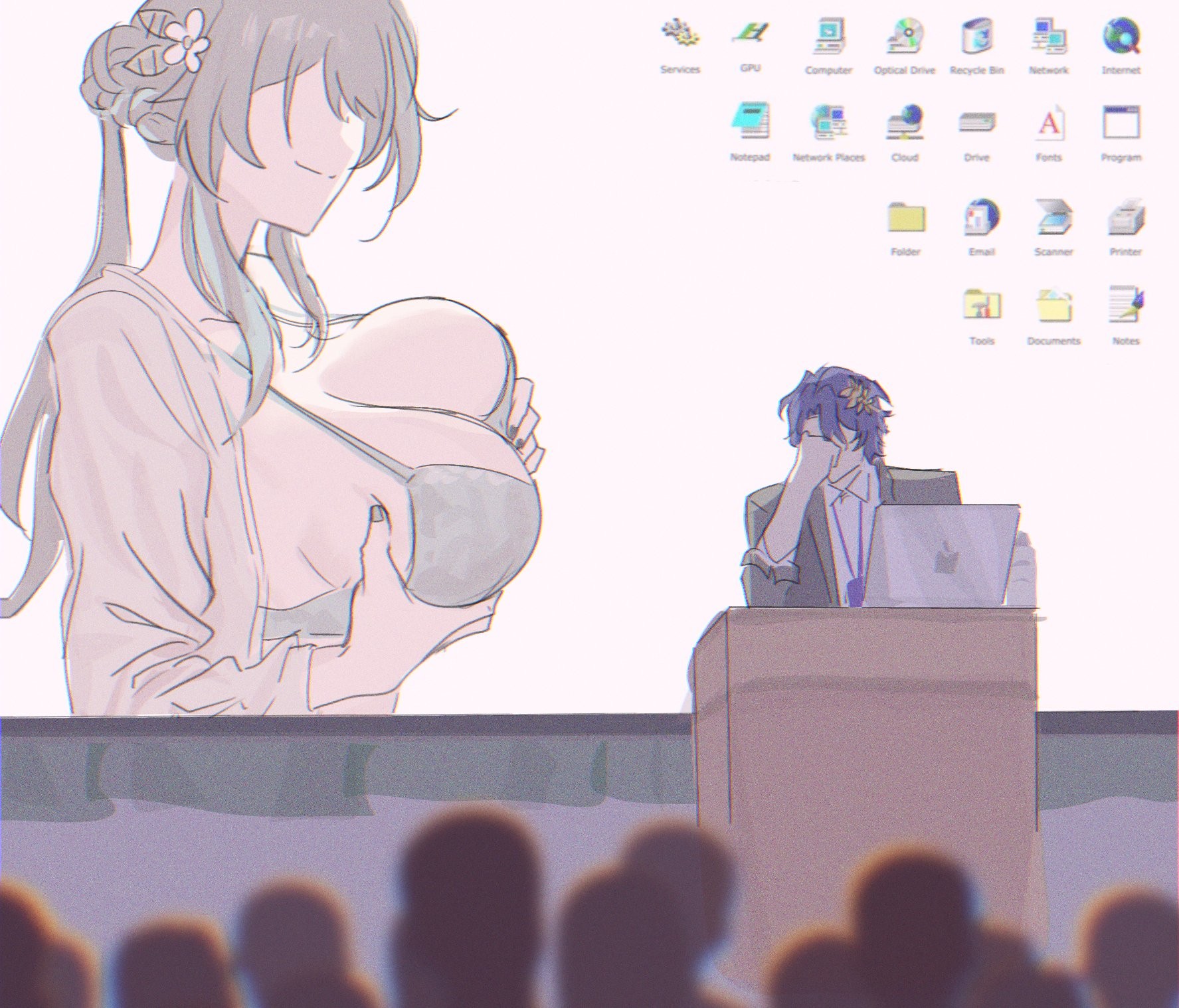 1girls, 2d, 2d (artwork), audience, bra, computer, desktop wallpaper, dr. ratio (honkai: star rail), facepalm, gnarlypzofbread, holding breast, honkai (series), honkai: star rail, hoyoverse, meme, meme reference, mihoyo, partially clothed, presentation, ruan mei (honkai: star rail)