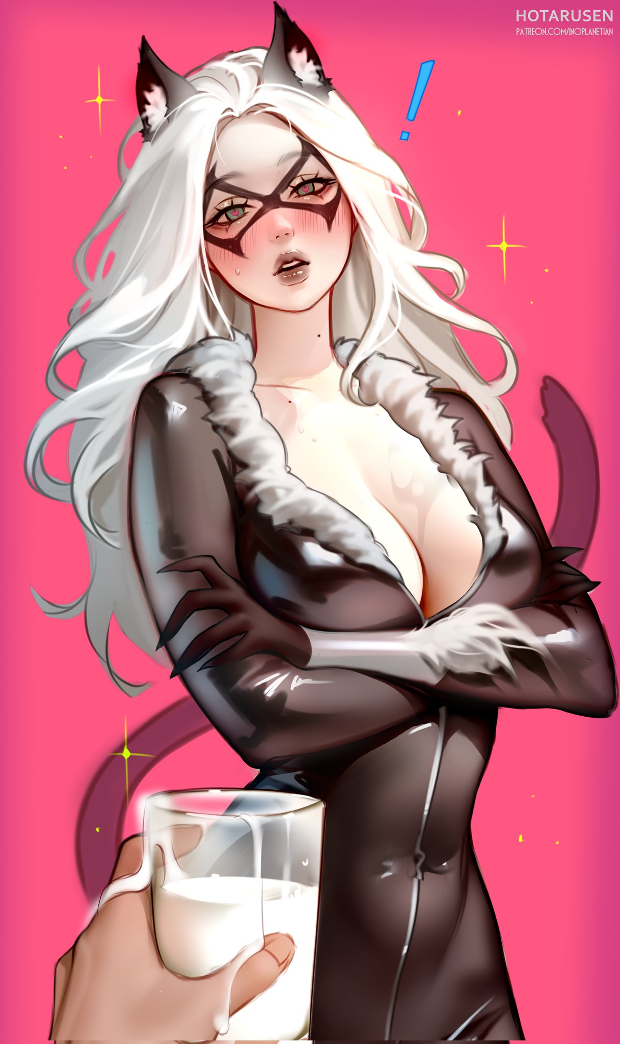 1girls, 2026, alluring, big breasts, black cat (marvel), black lipstick, blush, blushing, blushing at viewer, bodysuit, breasts, bursting breasts, cat ears, cat tail, cleavage, curvaceous, curvaceous body, curvaceous female, curvaceous figure, curvaceous hips, curvy, curvy body, curvy female, curvy figure, curvy hips, domino mask, enticing, eyemask, felicia hardy, female, green eyes, hips, hotaru sen, hourglass figure, huge breasts, large breasts, light skin, light-skinned female, looking at viewer, marvel, marvel comics, mask, masked, masked female, massive breasts, milk, pink background, seducing, seductive, seductive look, seductive pose, skin tight, spider-man (series), superheroine, teasing, teasing viewer, temptation, tempting, tempting viewer, thick, thick breasts, thick hips, thick thighs, tight clothes, tight clothing, voluptuous, voluptuous female, white hair, wide hips
